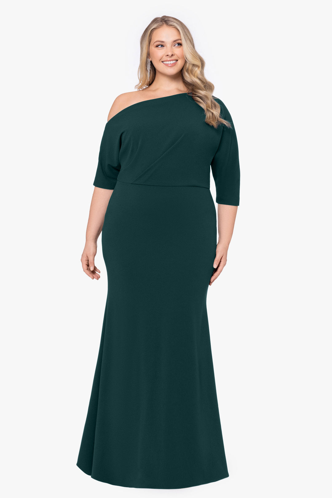 Plus "Madeline" Long Scuba Crepe Off the Shoulder Drop Dress