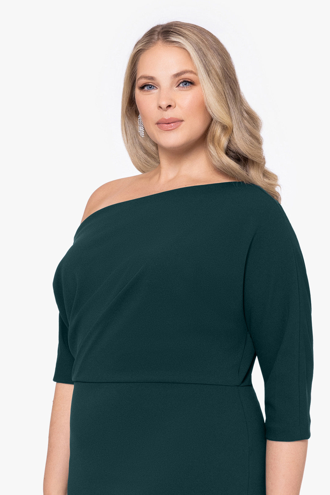 Plus "Madeline" Long Scuba Crepe Off the Shoulder Drop Dress