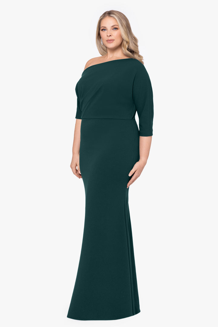 Plus "Madeline" Long Scuba Crepe Off the Shoulder Drop Dress