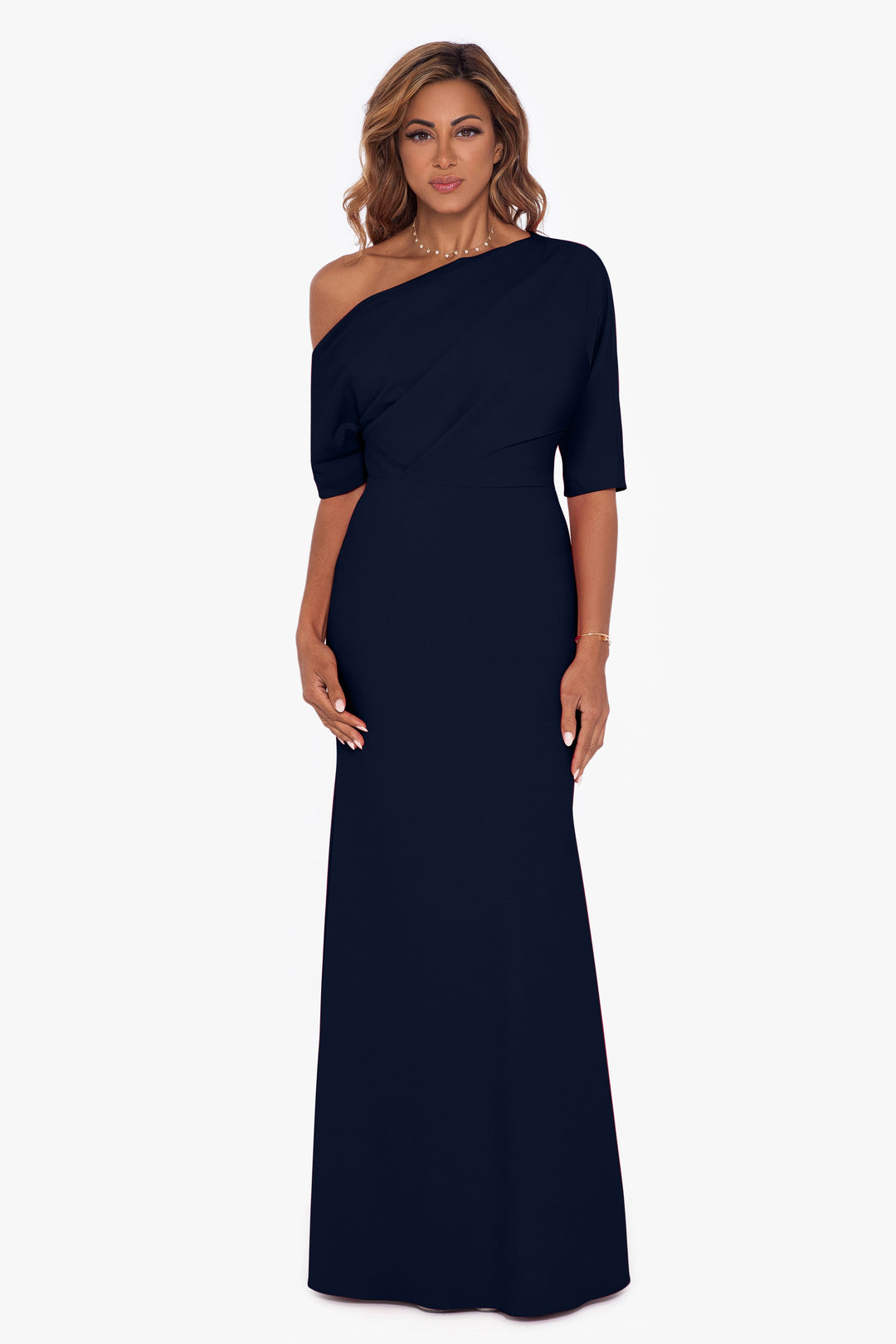 "Madeline" Long Scuba Crepe Off the Shoulder Drop Dress - Betsy & Adam