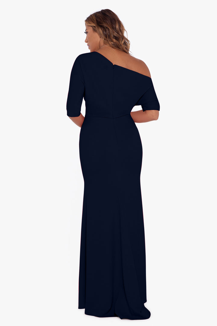 "Madeline" Long Scuba Crepe Off the Shoulder Drop Dress - Betsy & Adam