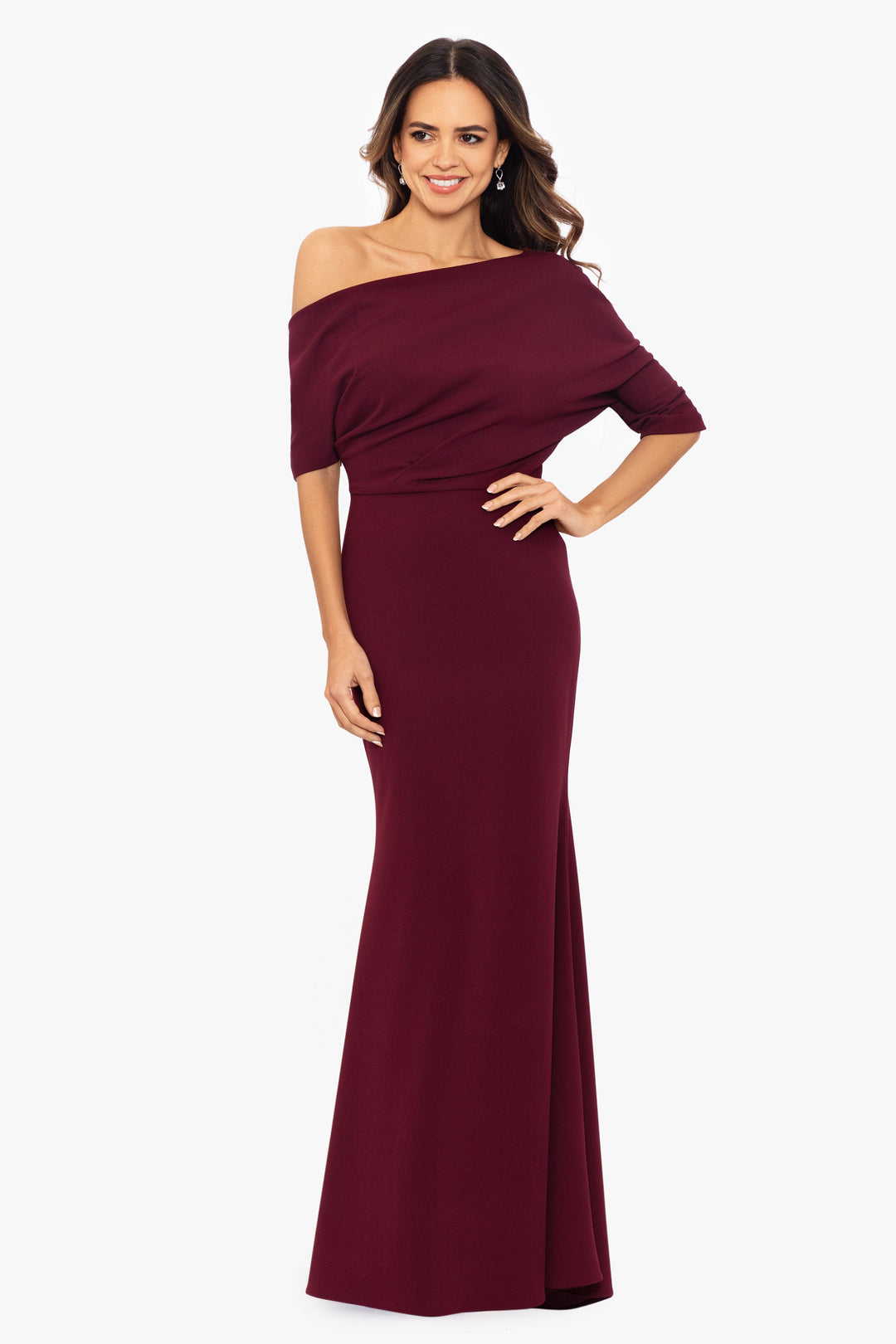 "Madeline" Long Scuba Crepe Off the Shoulder Drop Dress