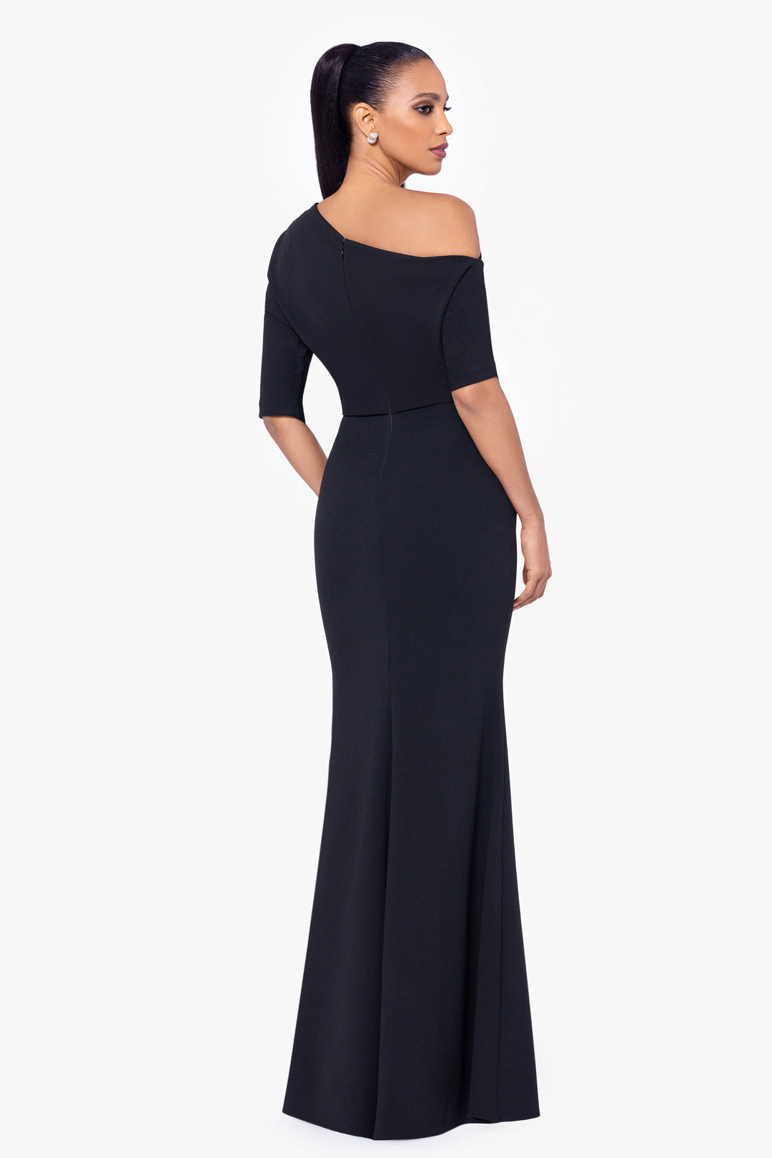 "Madeline" Long Scuba Crepe Off the Shoulder Drop Dress