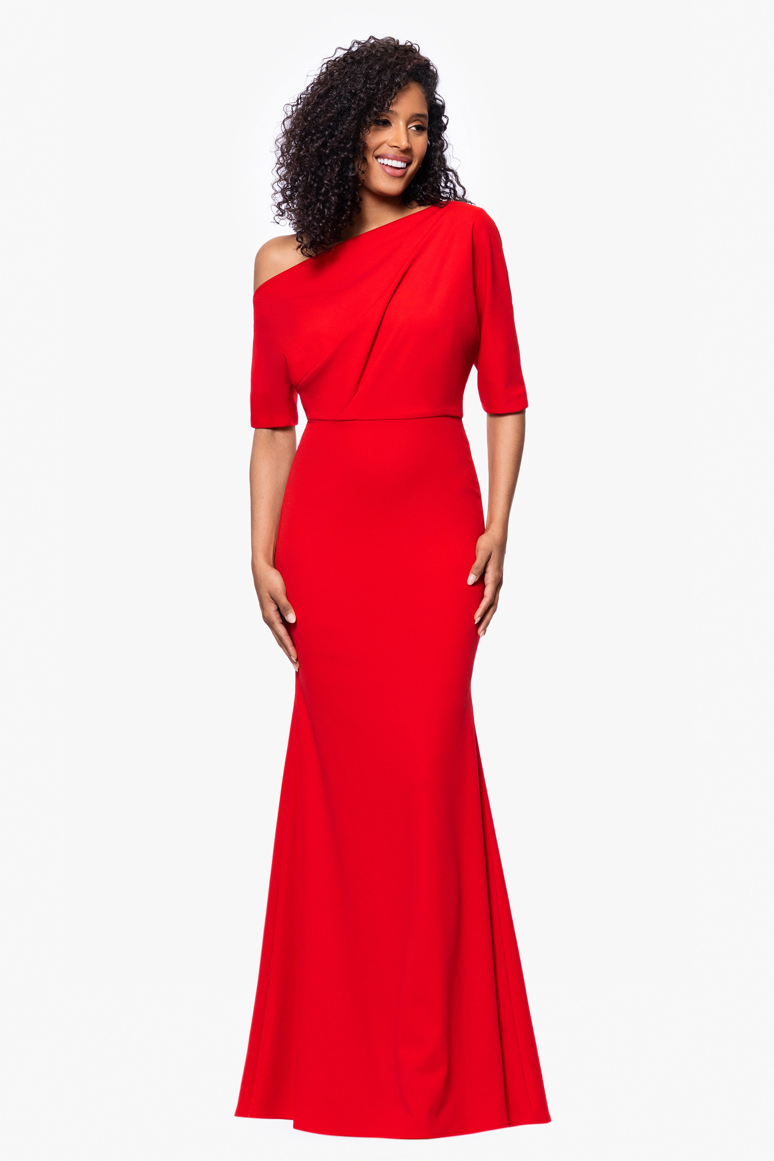 "Madeline" Long Scuba Crepe Off the Shoulder Drop Dress