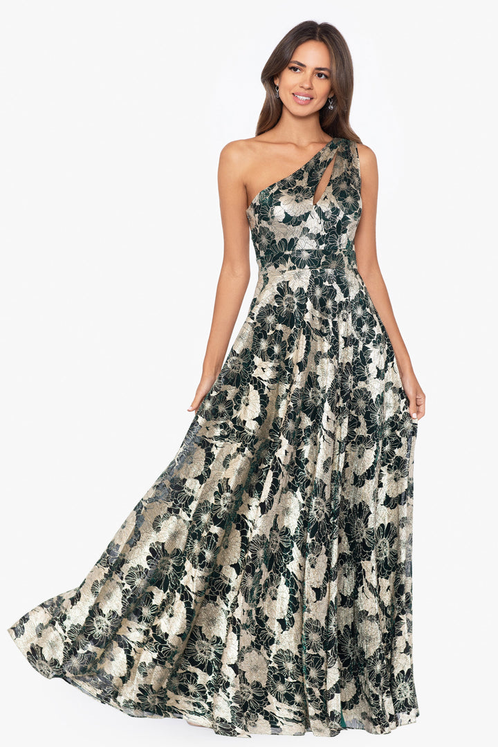 "Gwen" Long One Shoulder Wrap Foil Flower Dress