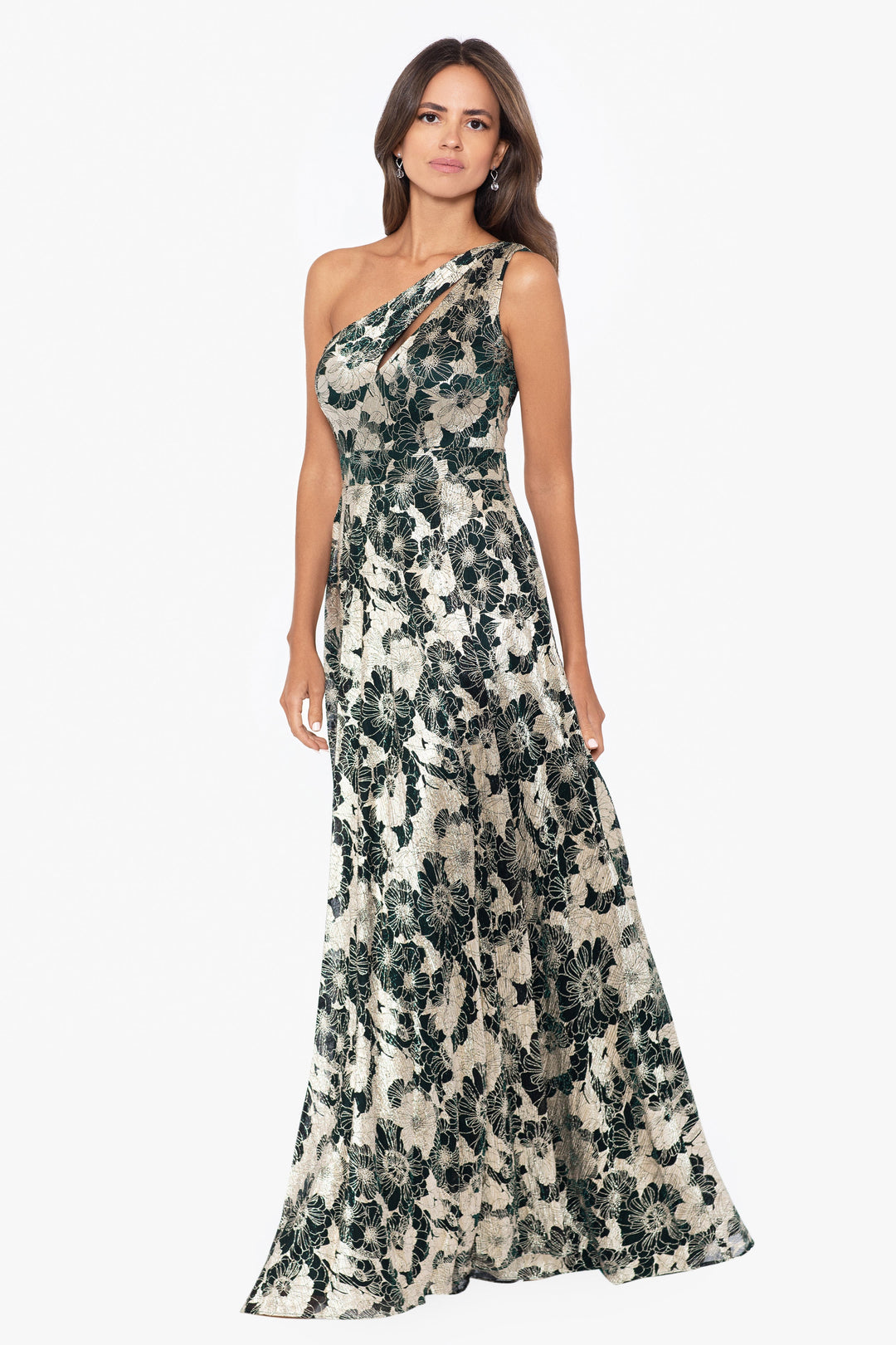 "Gwen" Long One Shoulder Wrap Foil Flower Dress