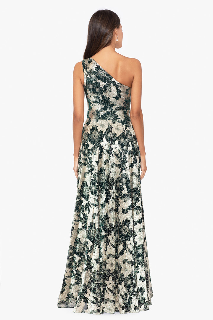 "Gwen" Long One Shoulder Wrap Foil Flower Dress