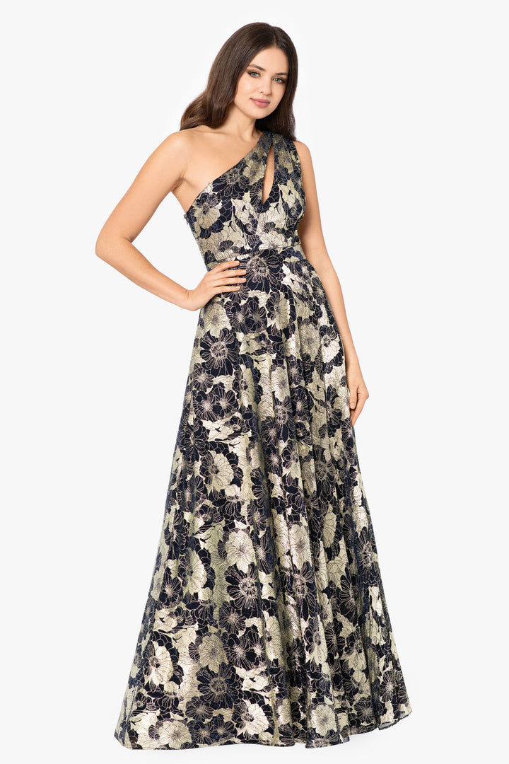 Petite "Gwen" Long One Shoulder Wrap Foil Flower Dress