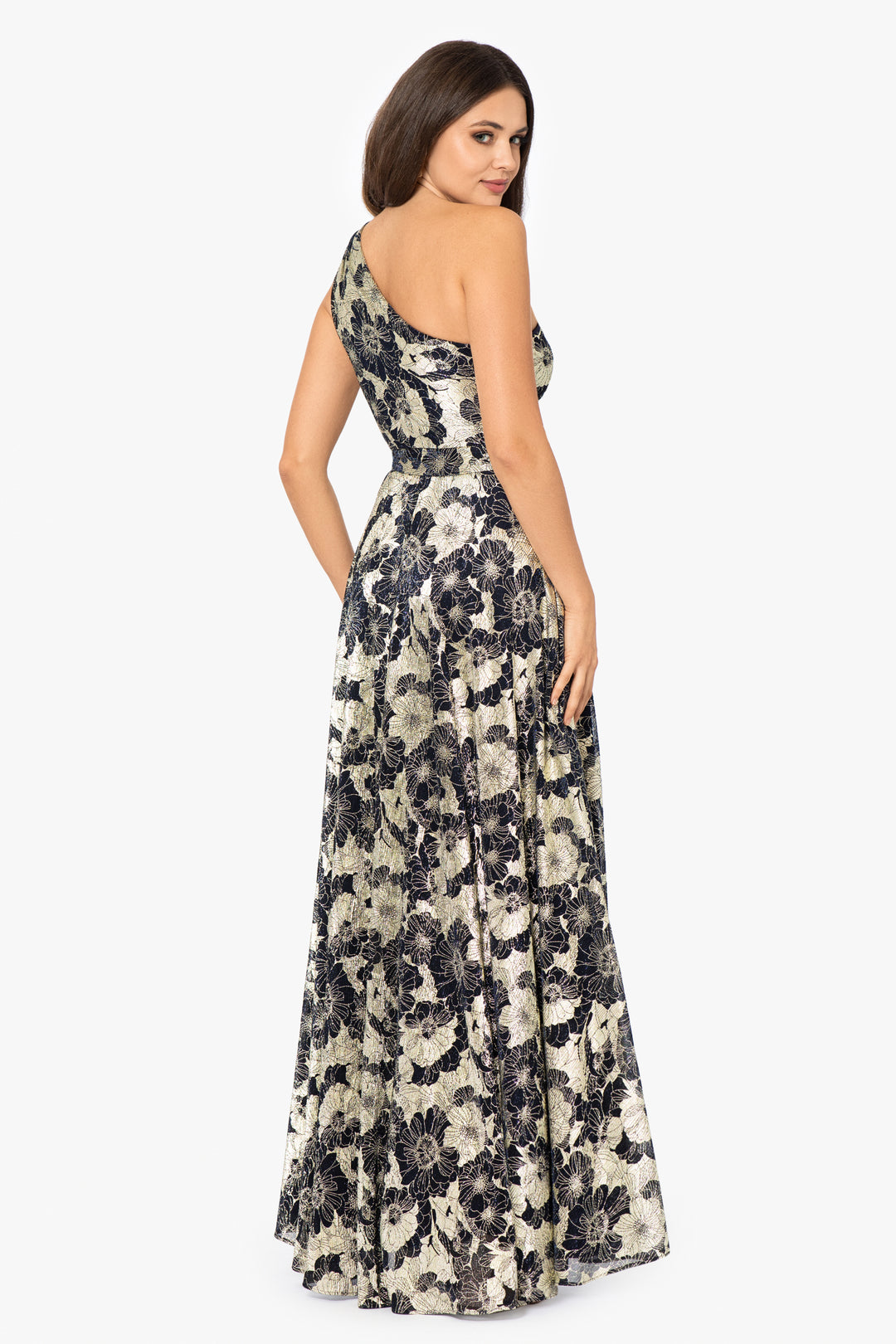 Petite "Gwen" Long One Shoulder Wrap Foil Flower Dress