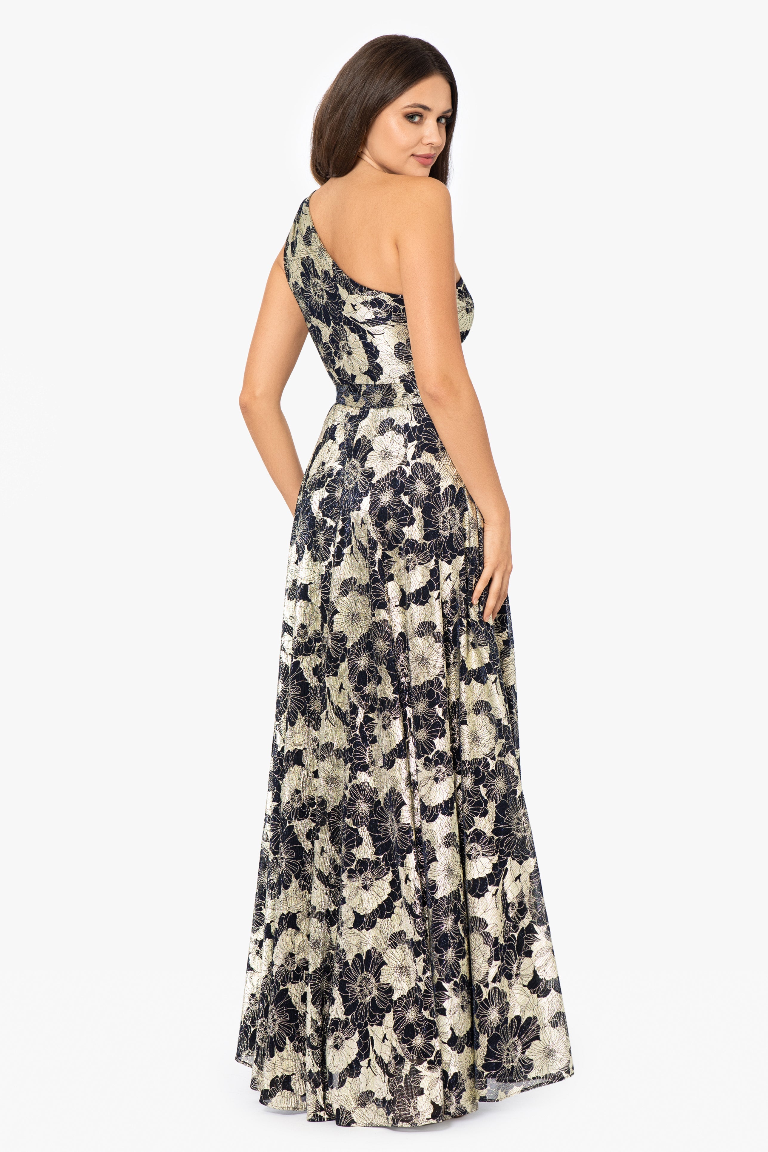 "Gwen" Long One Shoulder Wrap Foil Flower Dress