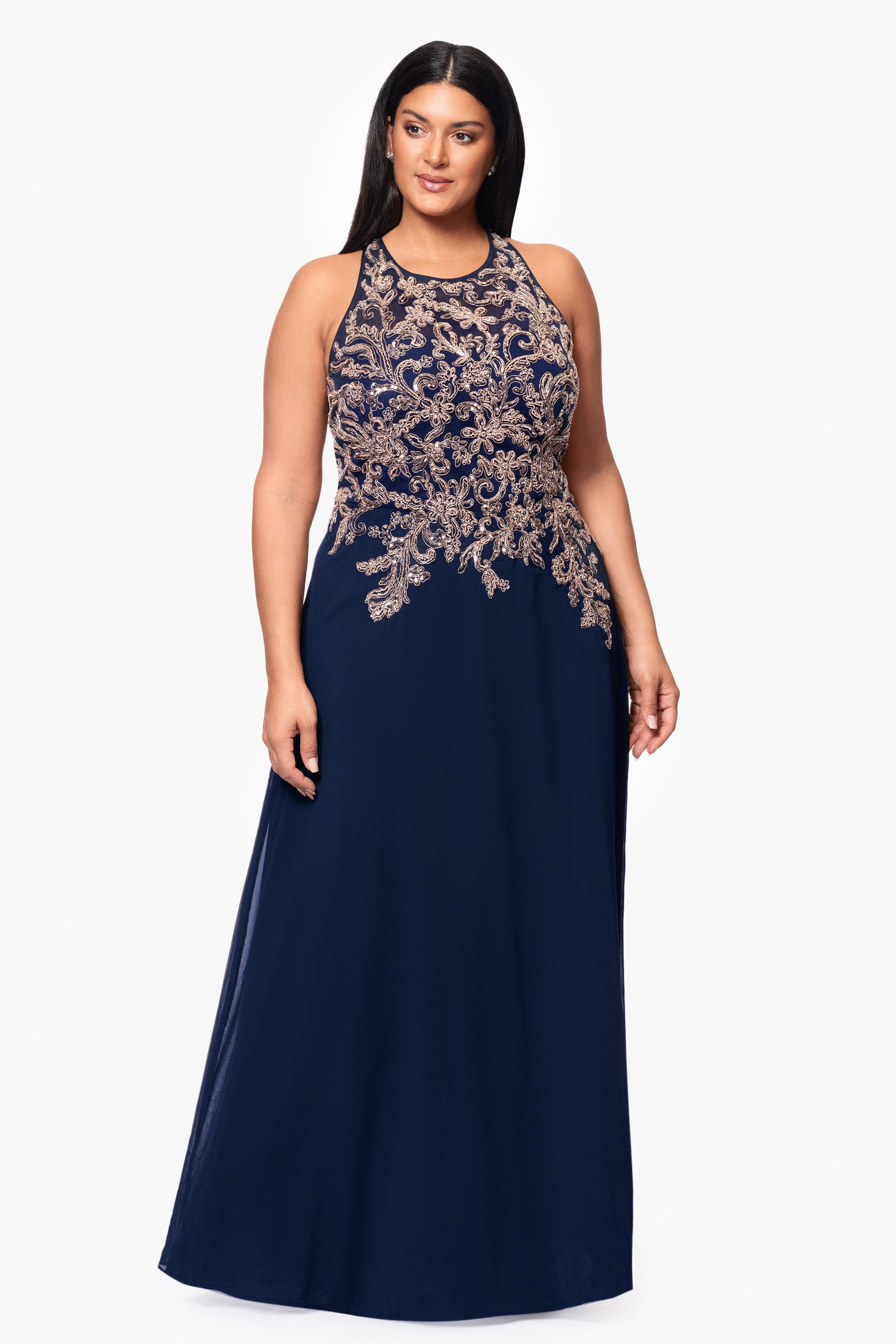 Plus "Katie" Long Chiffon Beaded Halter Dress