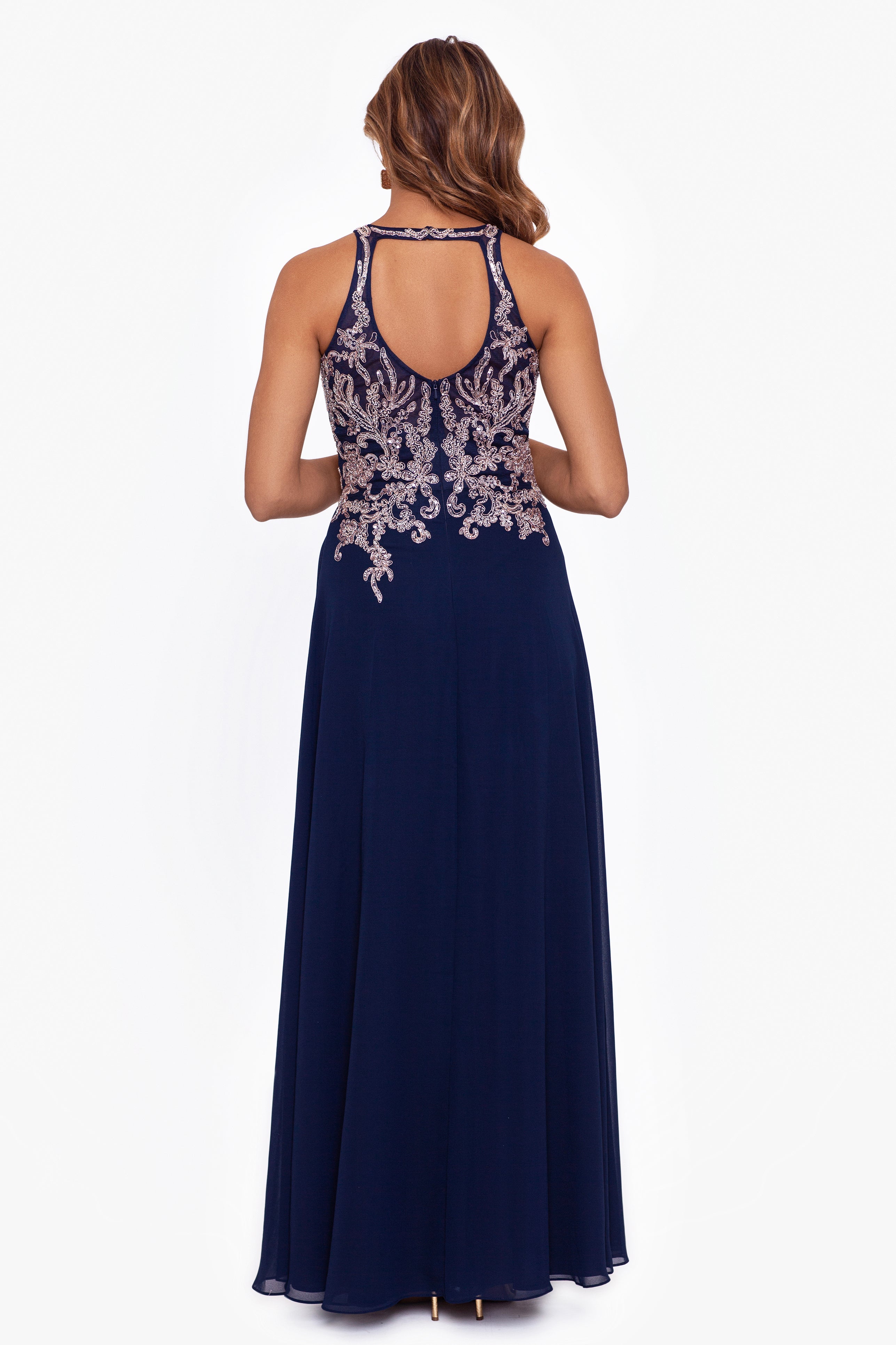 Petite "Katie" Long Chiffon Beaded Halter Dress