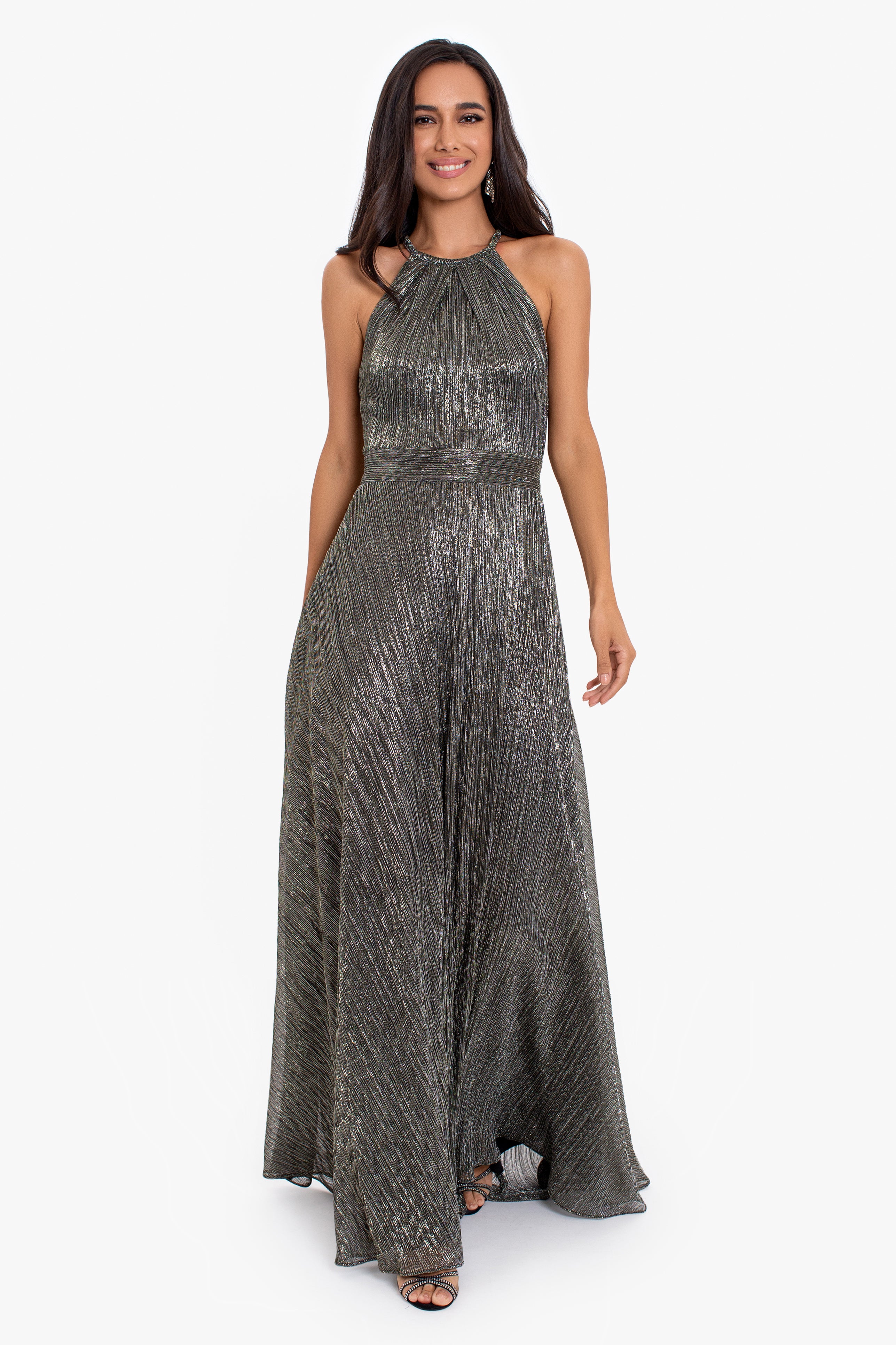 "Nico" Long Metallic Halter Neck Dress