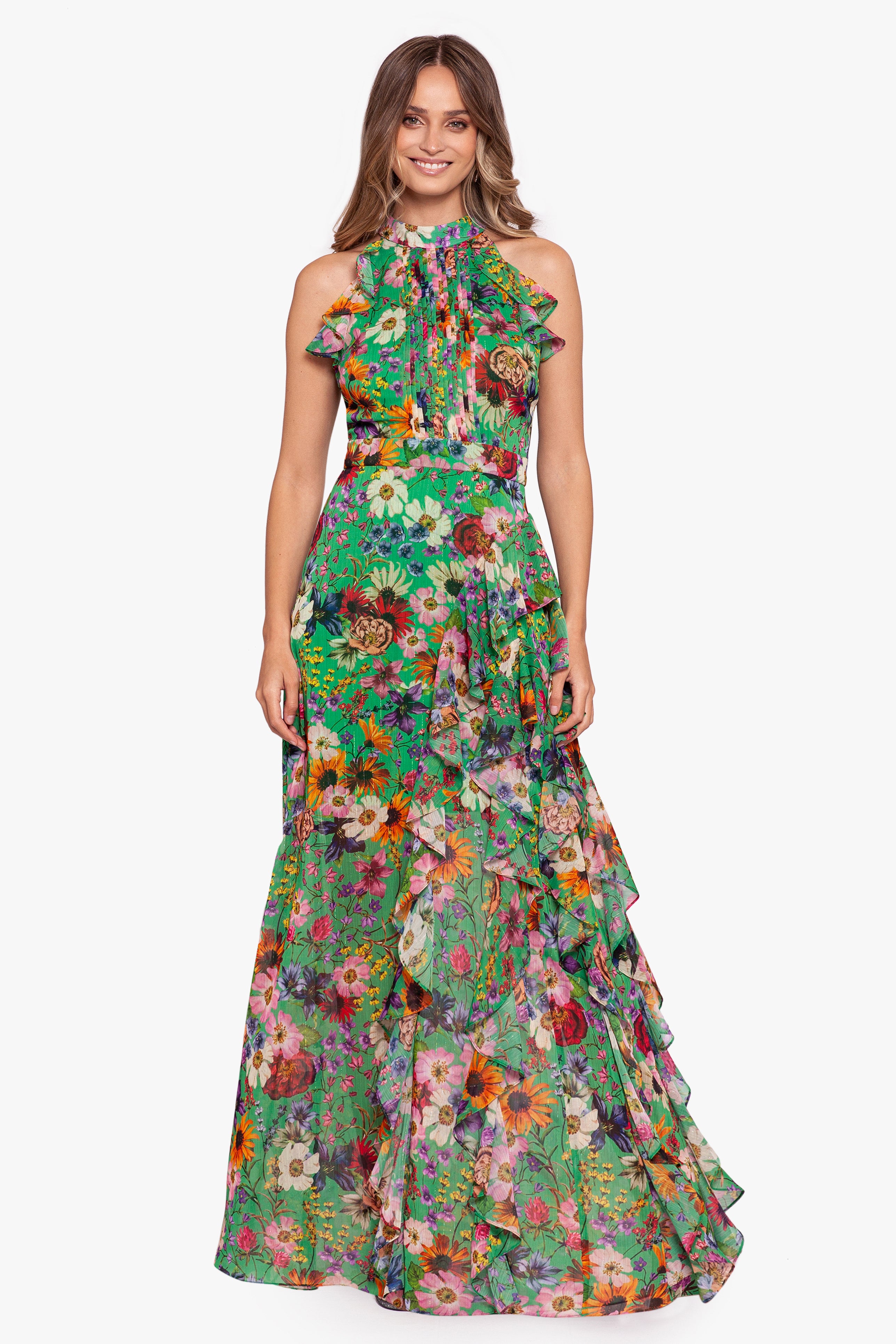 Petite "Cameron" Long Chiffon Print Halter Flutter Dress