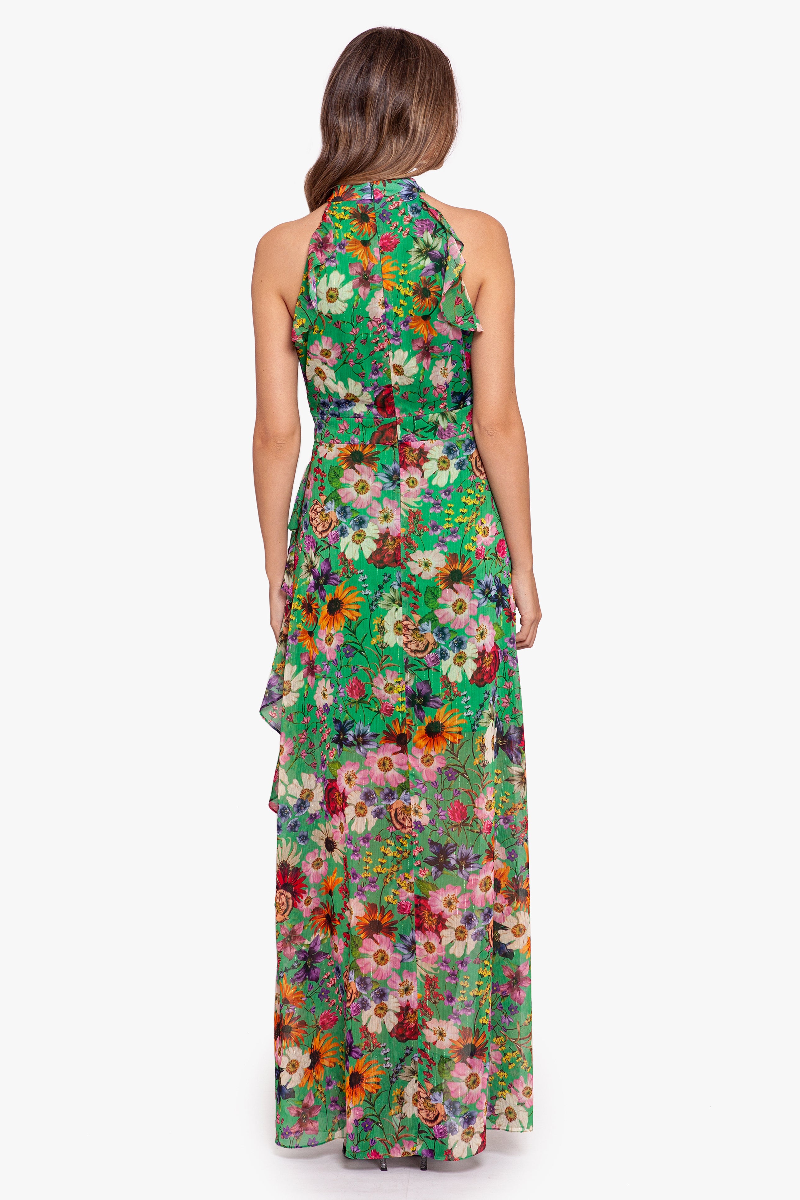 Petite "Cameron" Long Chiffon Print Halter Flutter Dress