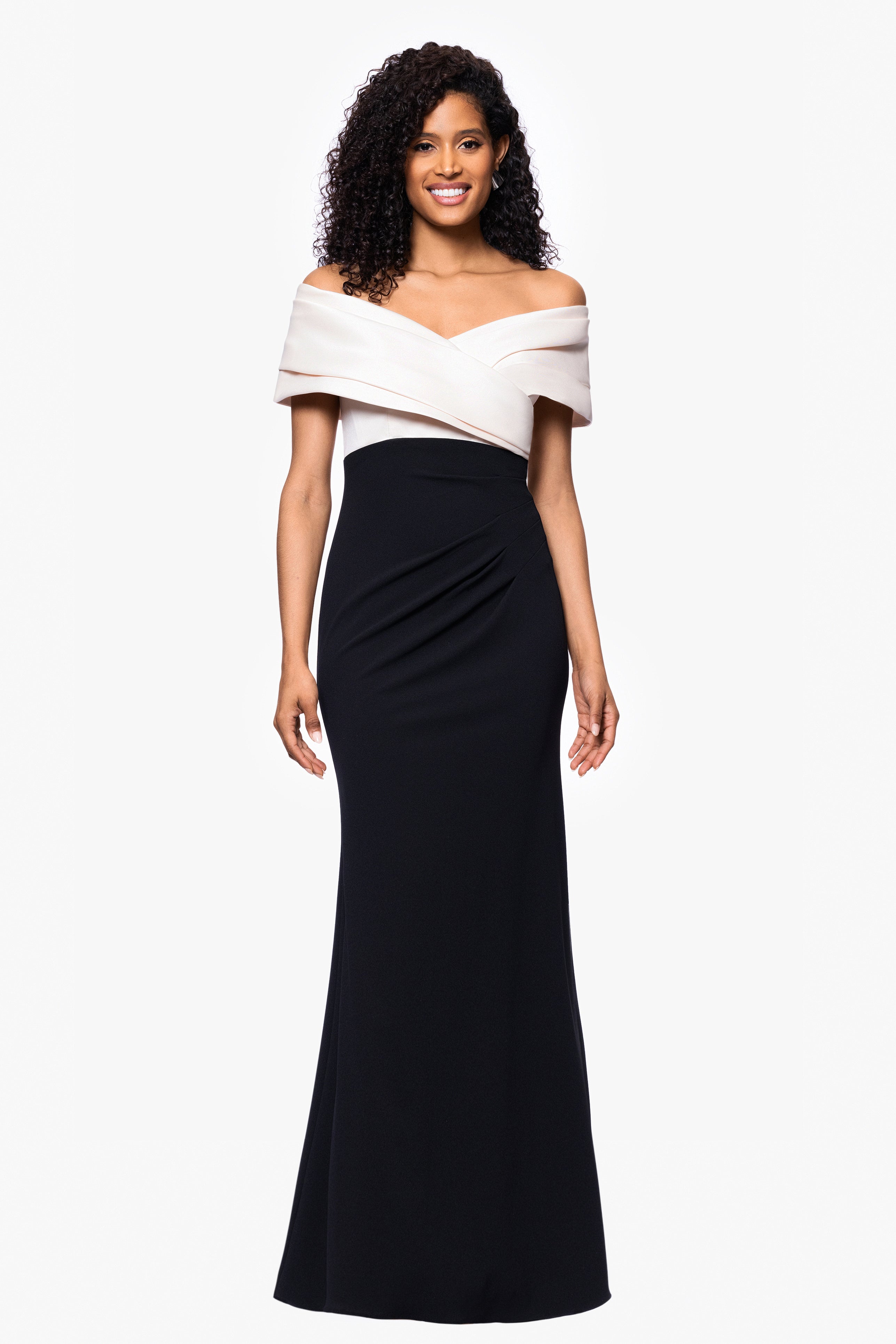 "Yasmeen" Long Off The Shoulder Scuba Crepe Gown