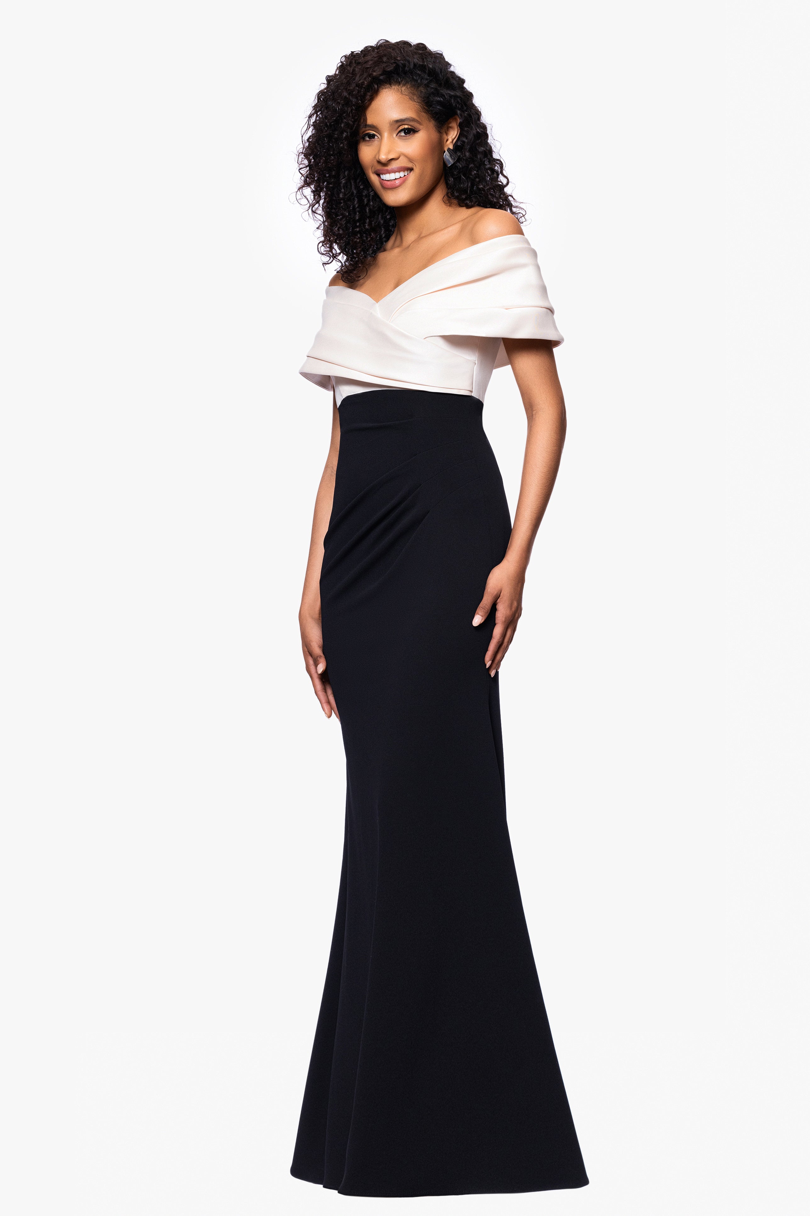 "Yasmeen" Long Off The Shoulder Scuba Crepe Gown