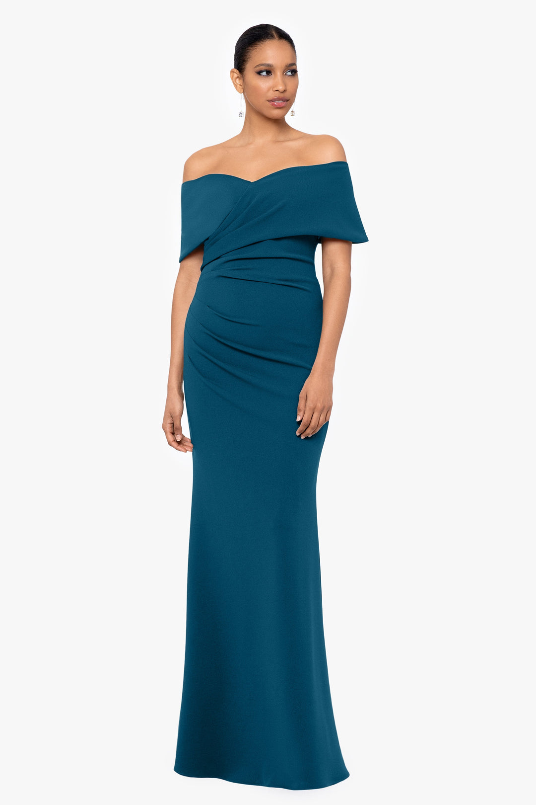 "Tanya" Long Off The Shoulder Scuba Crepe Dress