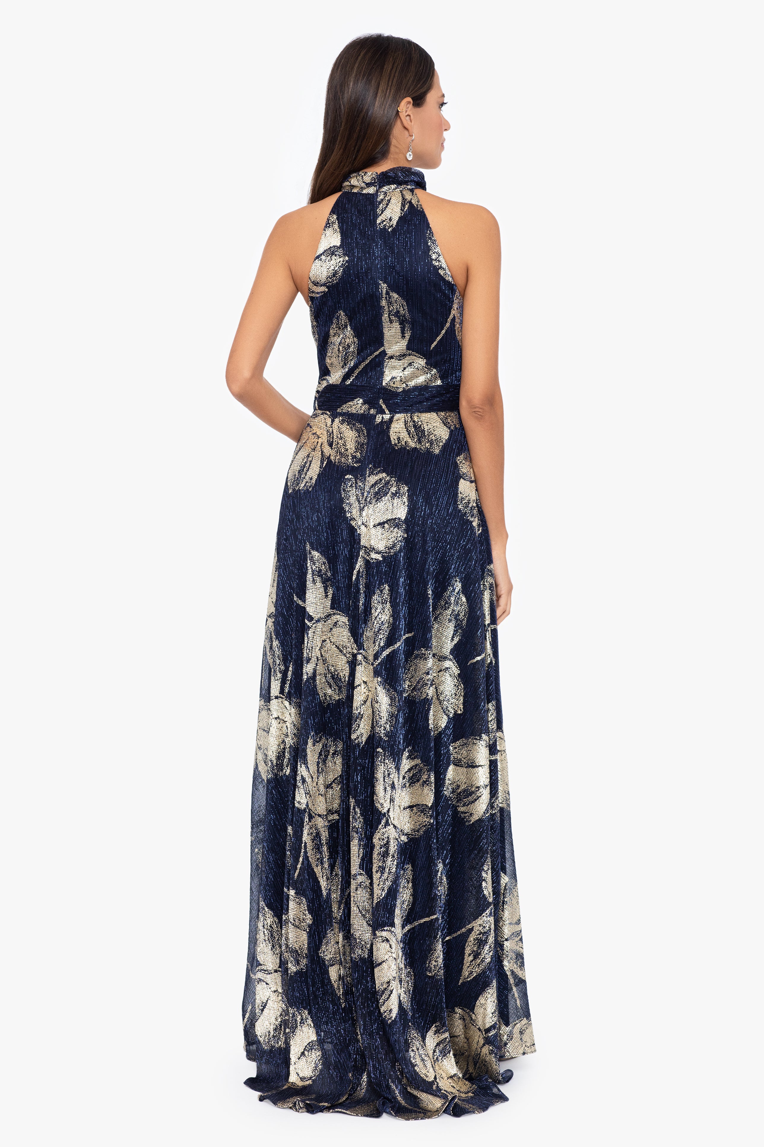 "Dana" Long Mock Neck Foil Wrap Dress