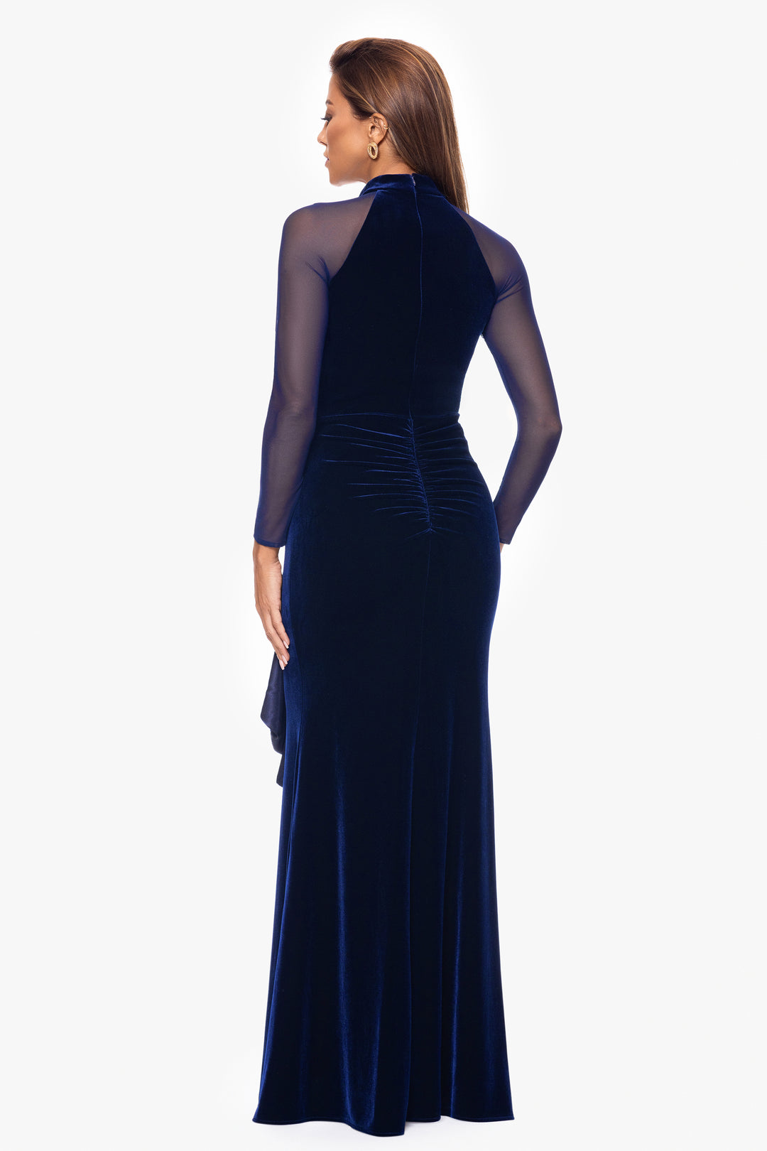 "Valentina" Long Velvet Mesh Illusion Sleeve Dress