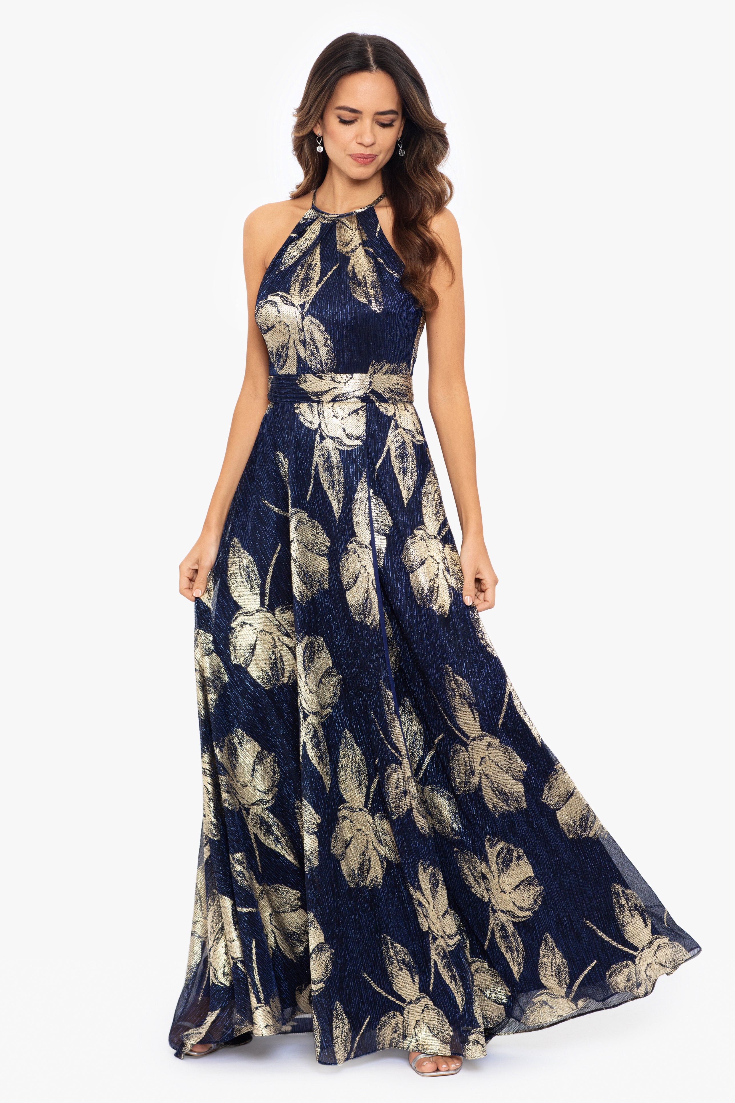 Petite "Ilaria" Long Halter Foil Print Dress