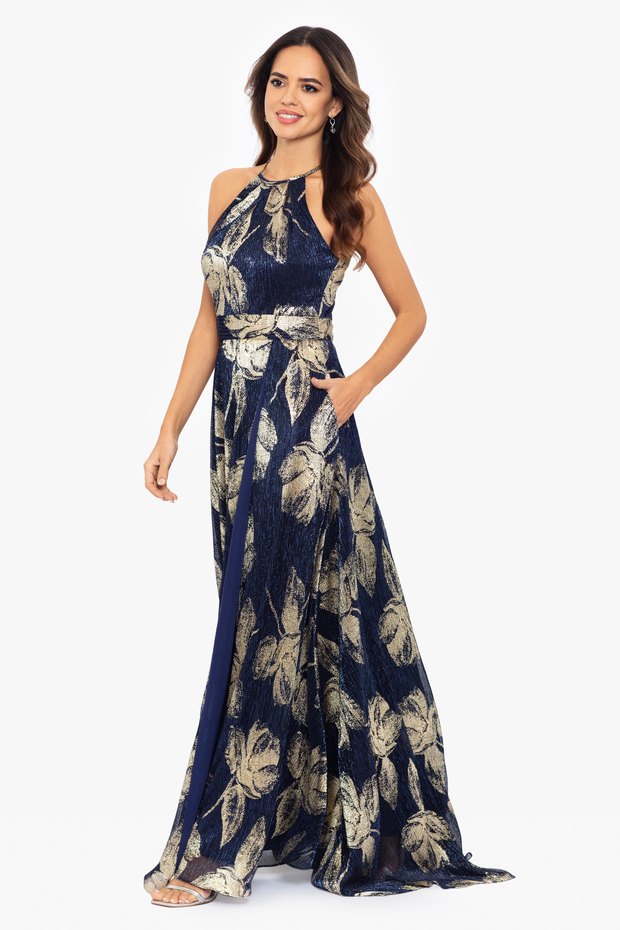 Petite "Ilaria" Long Halter Foil Print Dress