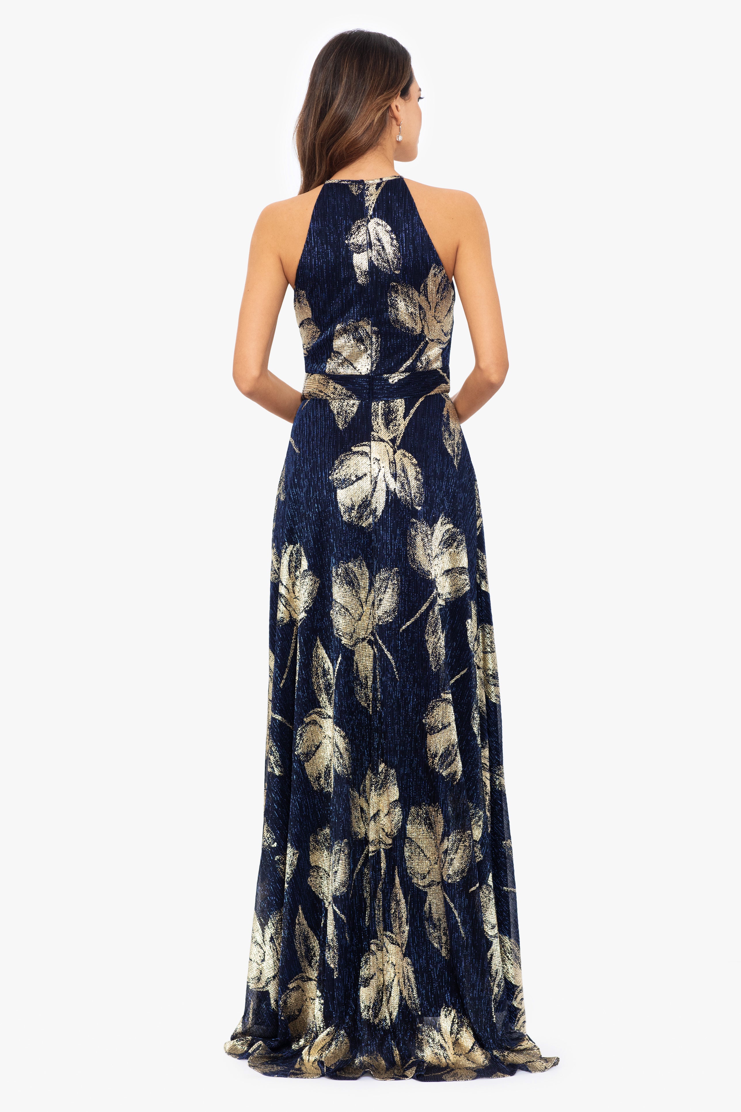 Petite "Ilaria" Long Halter Foil Print Dress