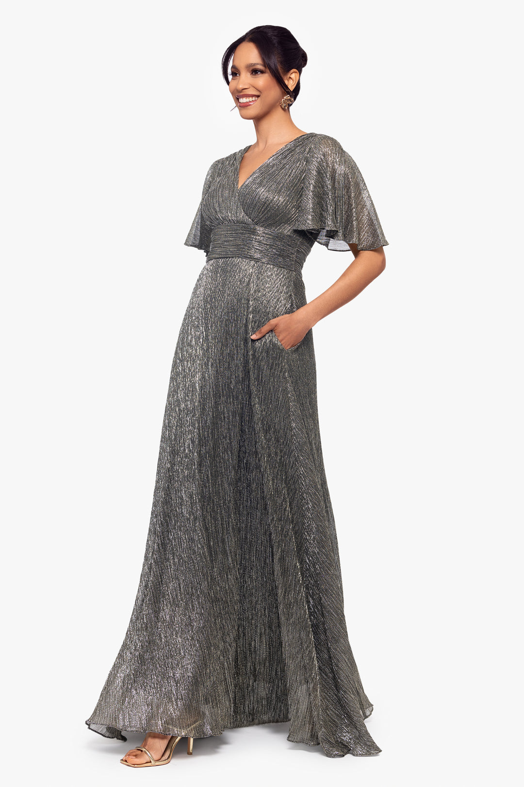 "Isabella" Long V Neck Flutter Sleeve Metallic Dress