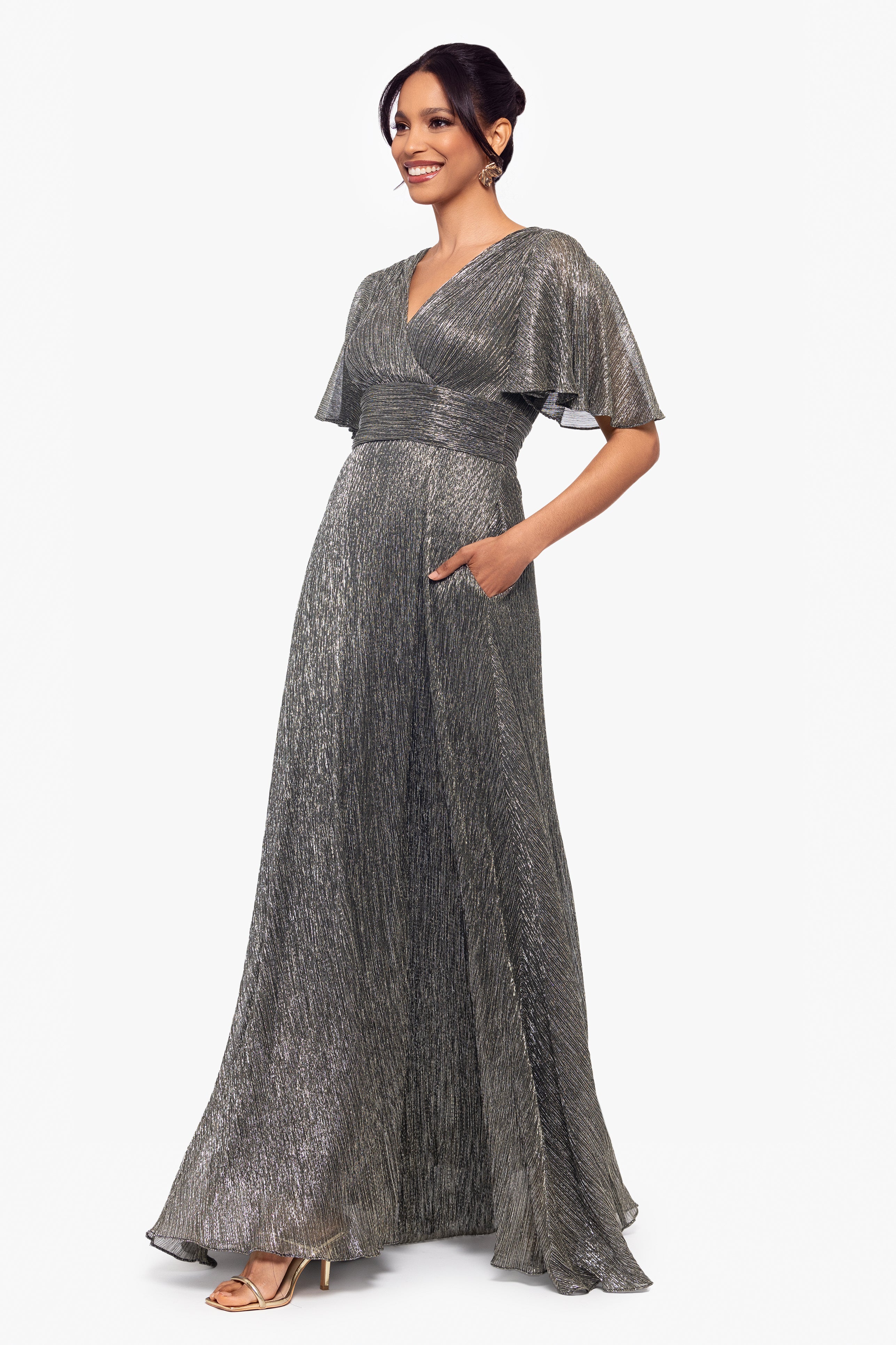 "Isabella" Long V Neck Flutter Sleeve Metallic Dress