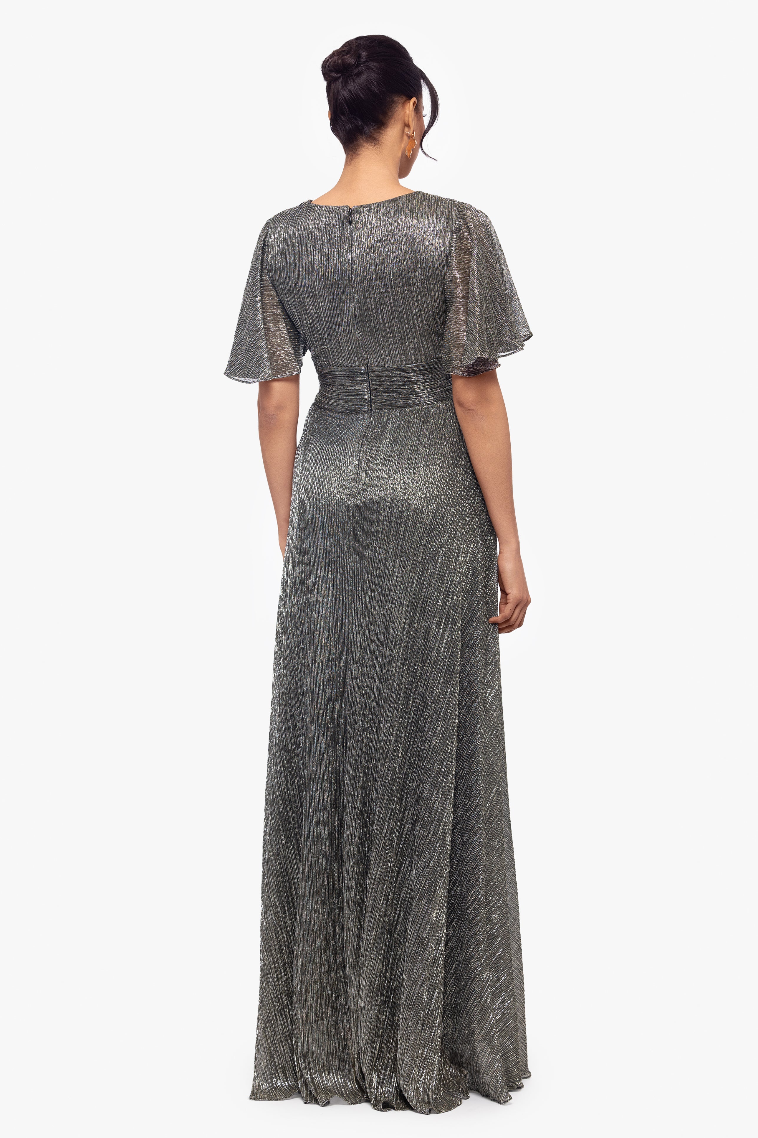 "Isabella" Long V Neck Flutter Sleeve Metallic Dress