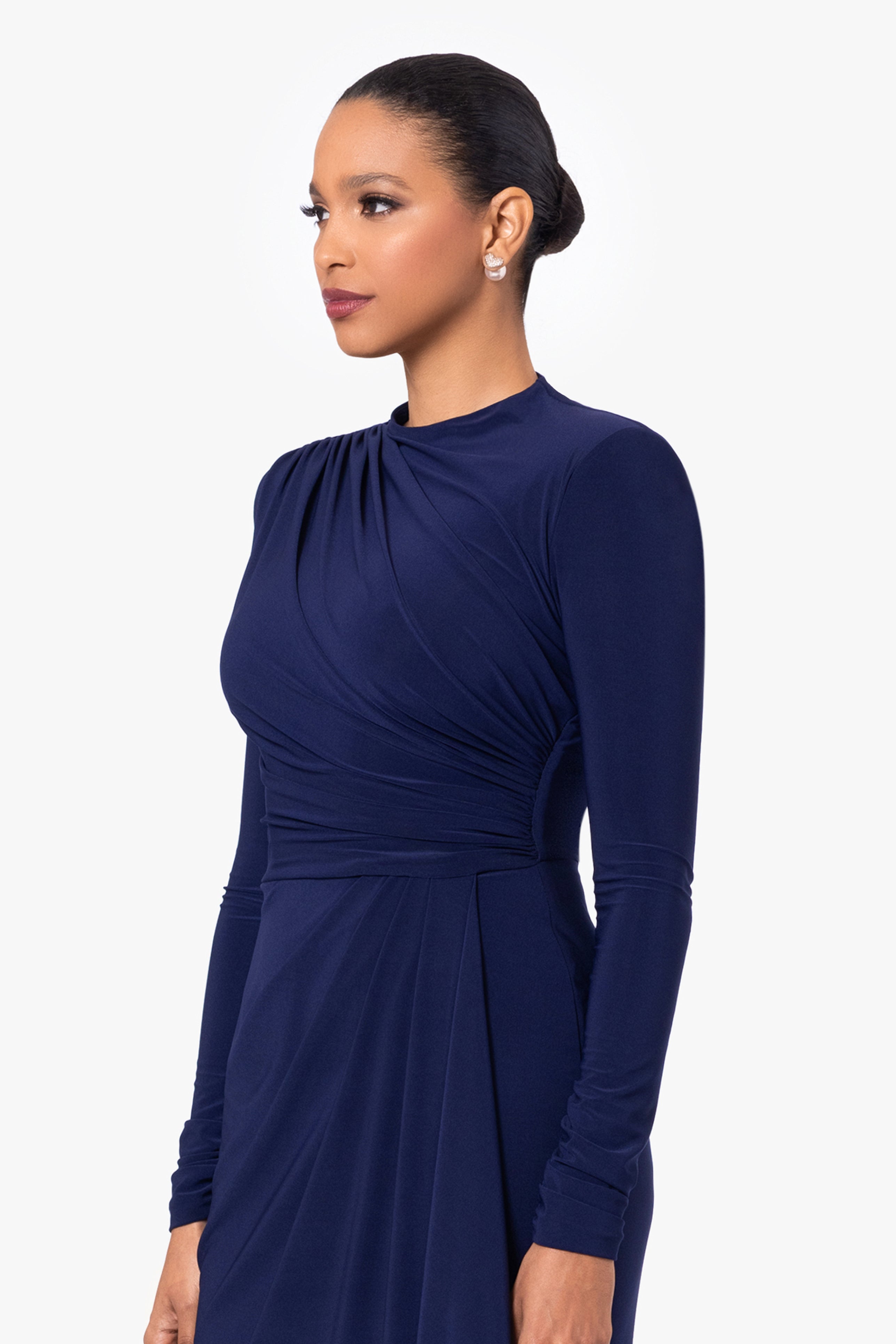 "Jeanette" Long Sleeve Stretch Knit Side Ruffle Dress