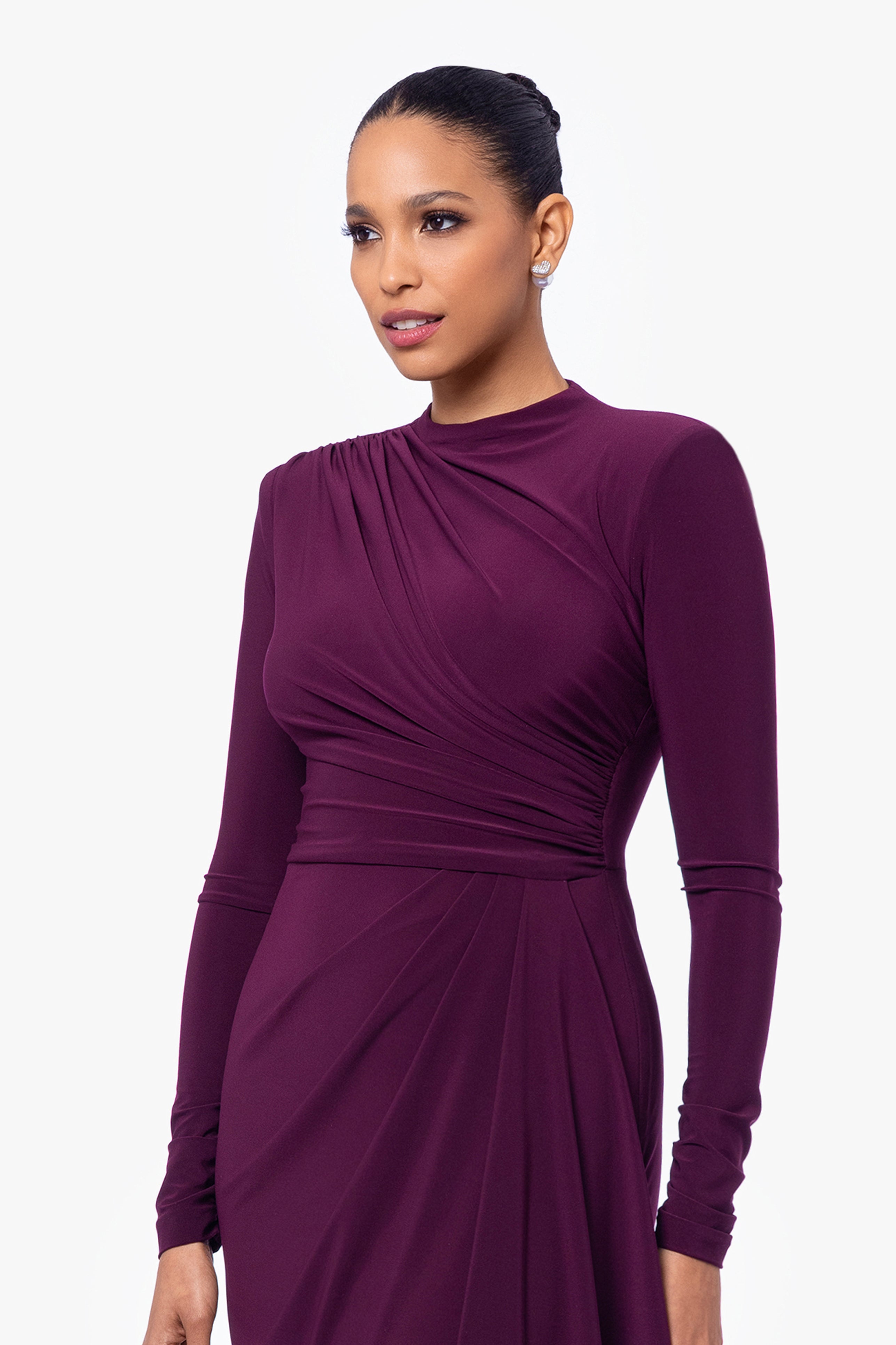 "Jeanette" Long Sleeve Stretch Knit Side Ruffle Dress