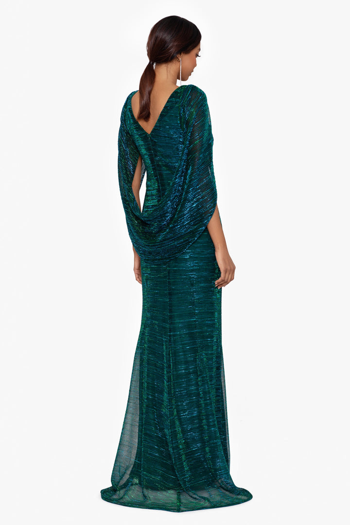 "Tamsin" Long Metallic Knit Long Sleeve Drape Dress