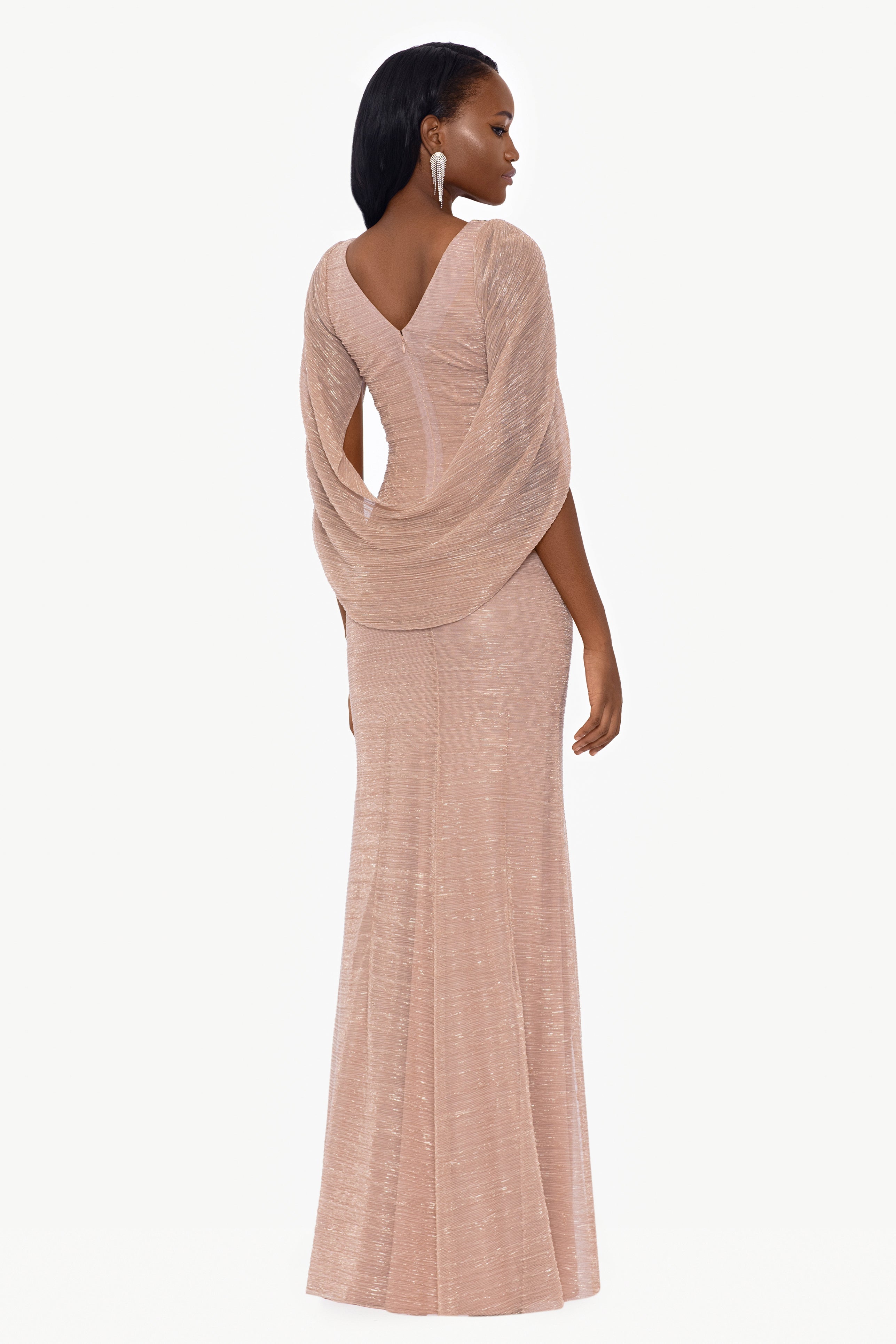 "Tamsin" Long Metallic Knit Long Sleeve Drape Dress