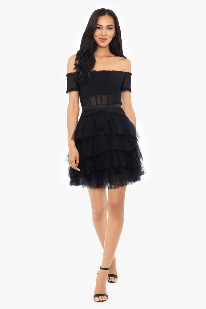 "Priscilla" Off the Shoulder Tiered Mesh Short Dress