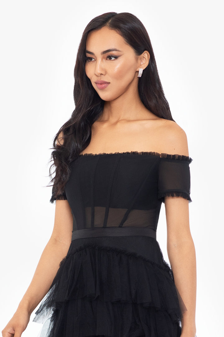 "Priscilla" Off the Shoulder Tiered Mesh Short Dress