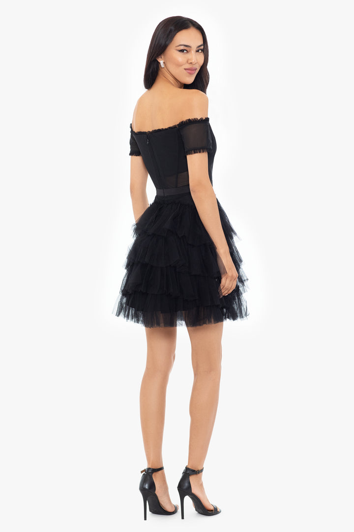 "Priscilla" Off the Shoulder Tiered Mesh Short Dress