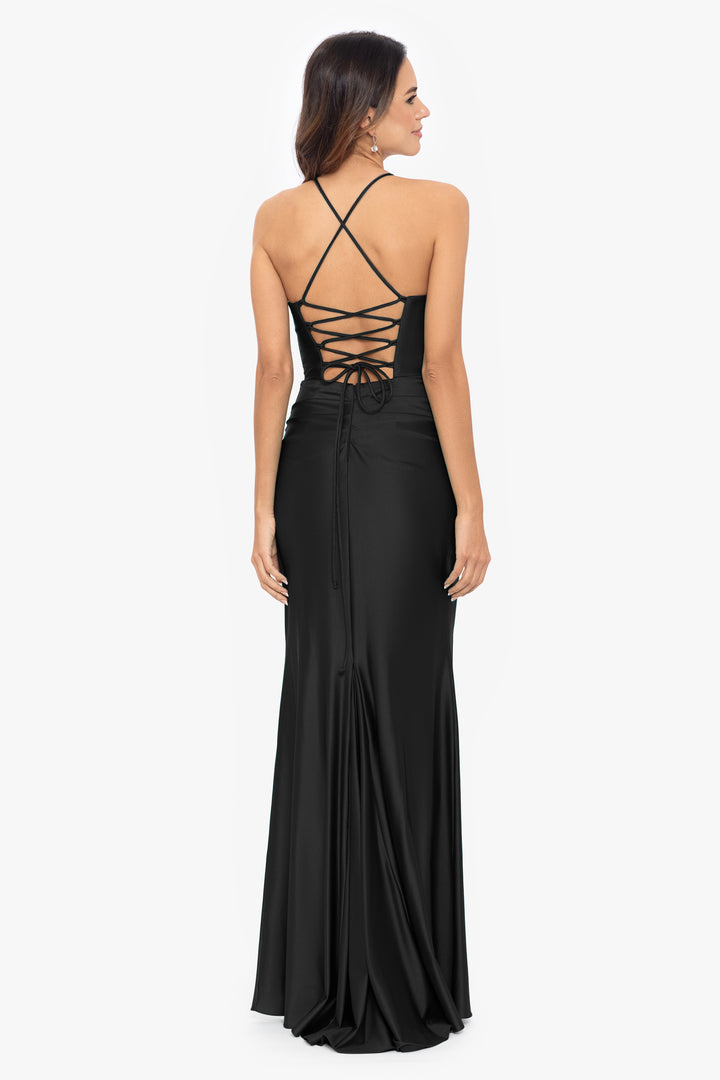 "Talia" Long Sateen Corset Lace Up Back Dress