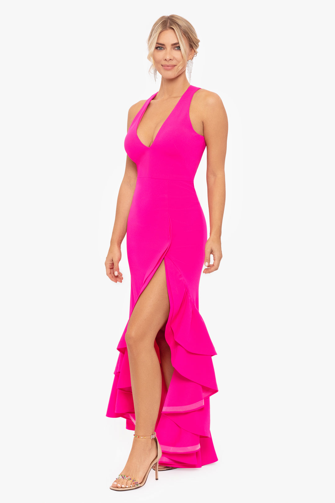 "Mae" V Neck Ruffle Tier Scuba Crepe Dress