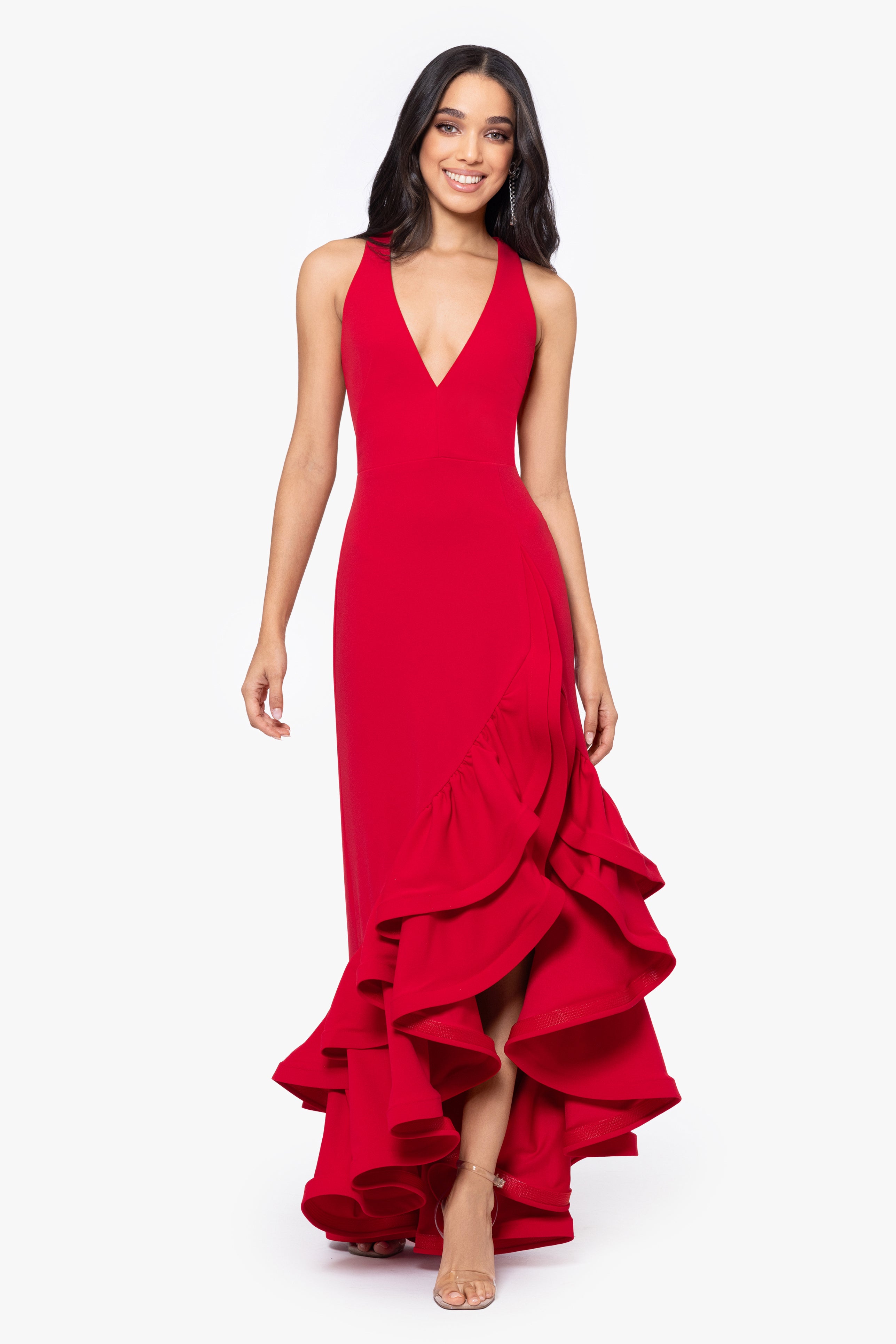 "Mae" V Neck Ruffle Tier Scuba Crepe Dress