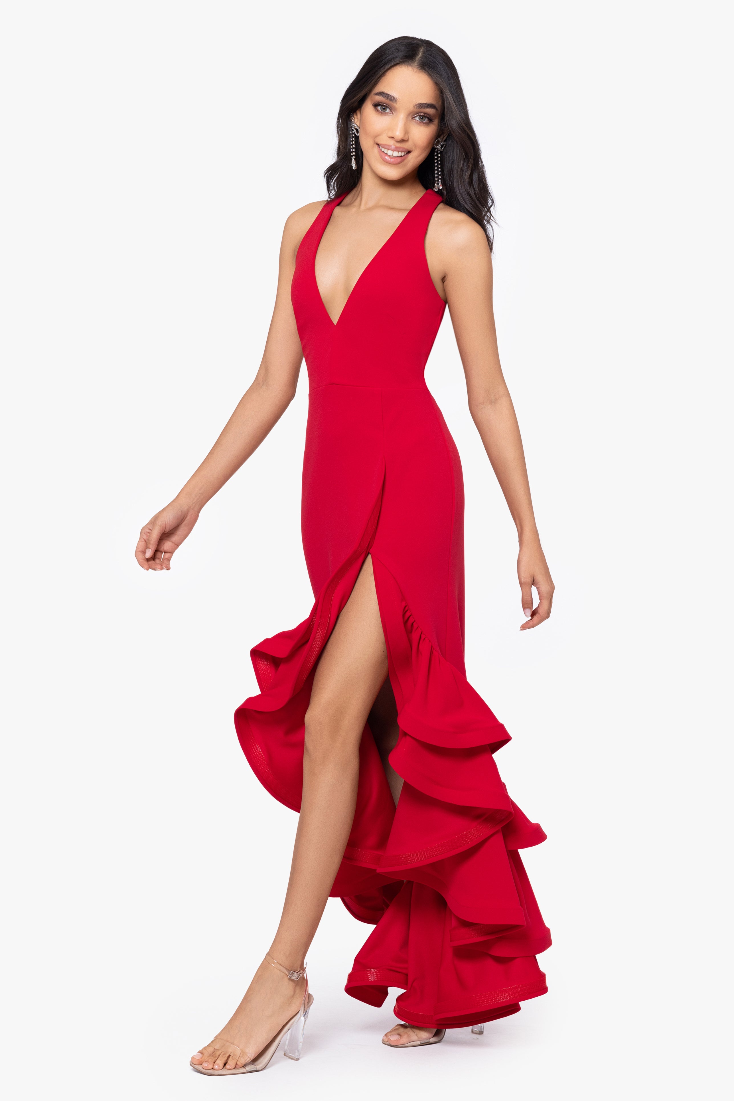 "Mae" V Neck Ruffle Tier Scuba Crepe Dress