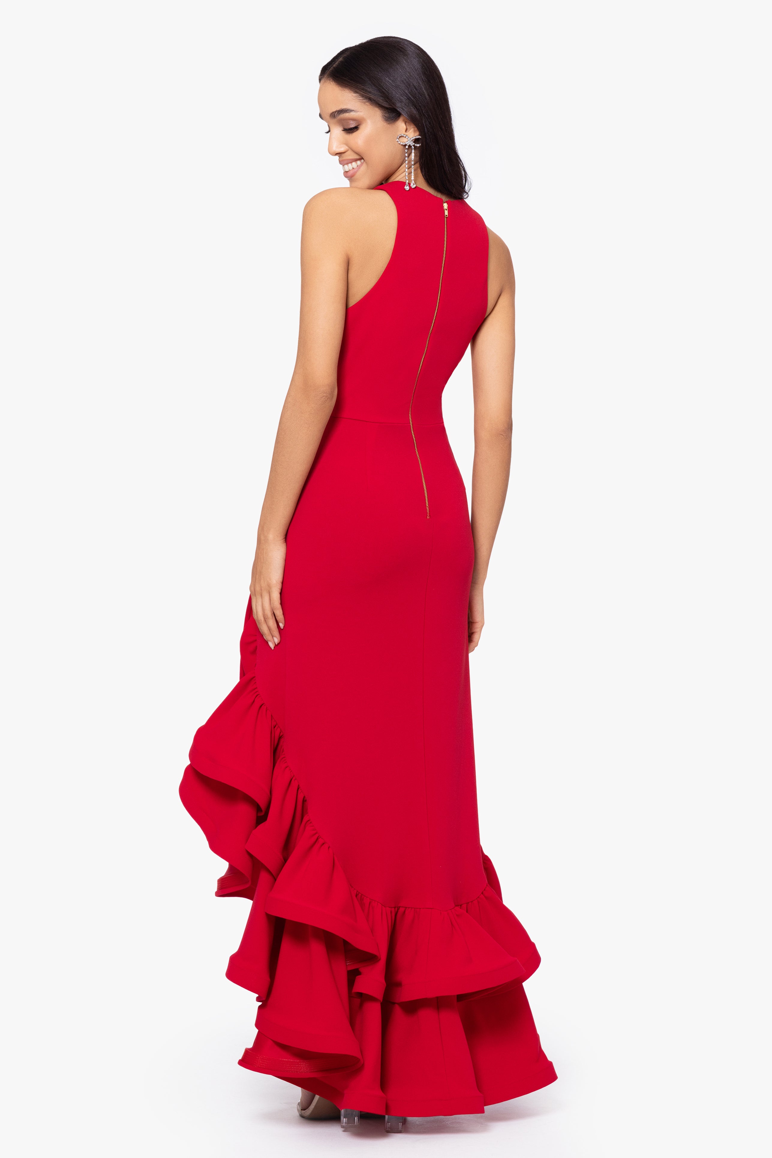 "Mae" V Neck Ruffle Tier Scuba Crepe Dress