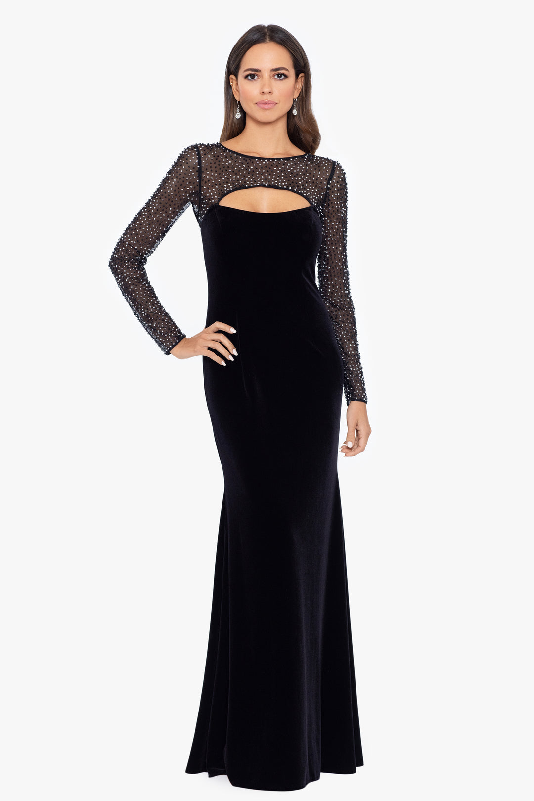 "Tamara" Long Sleeve Velvet Beaded Illusion Top Gown