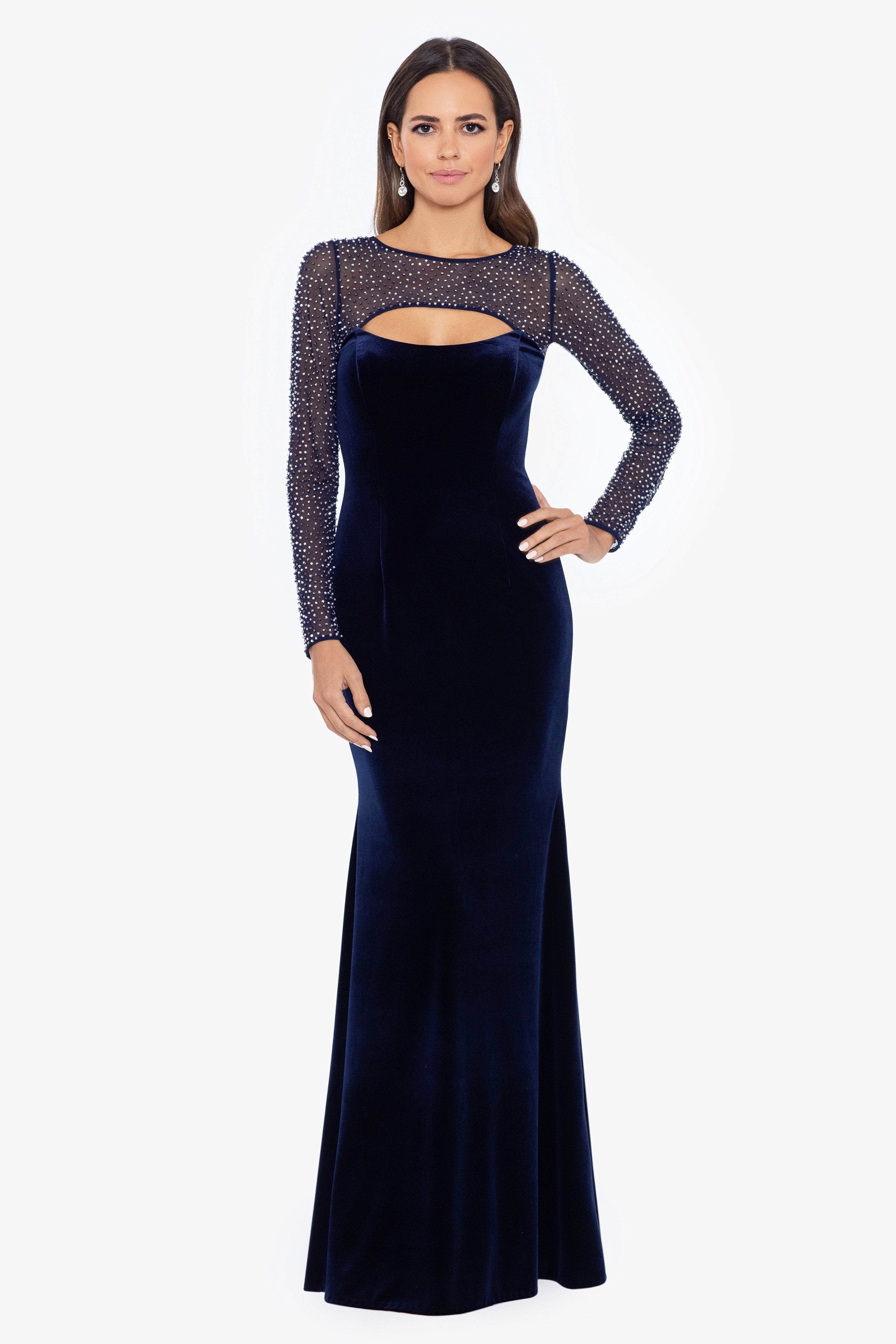 "Tamara" Long Sleeve Velvet Beaded Illusion Top Gown