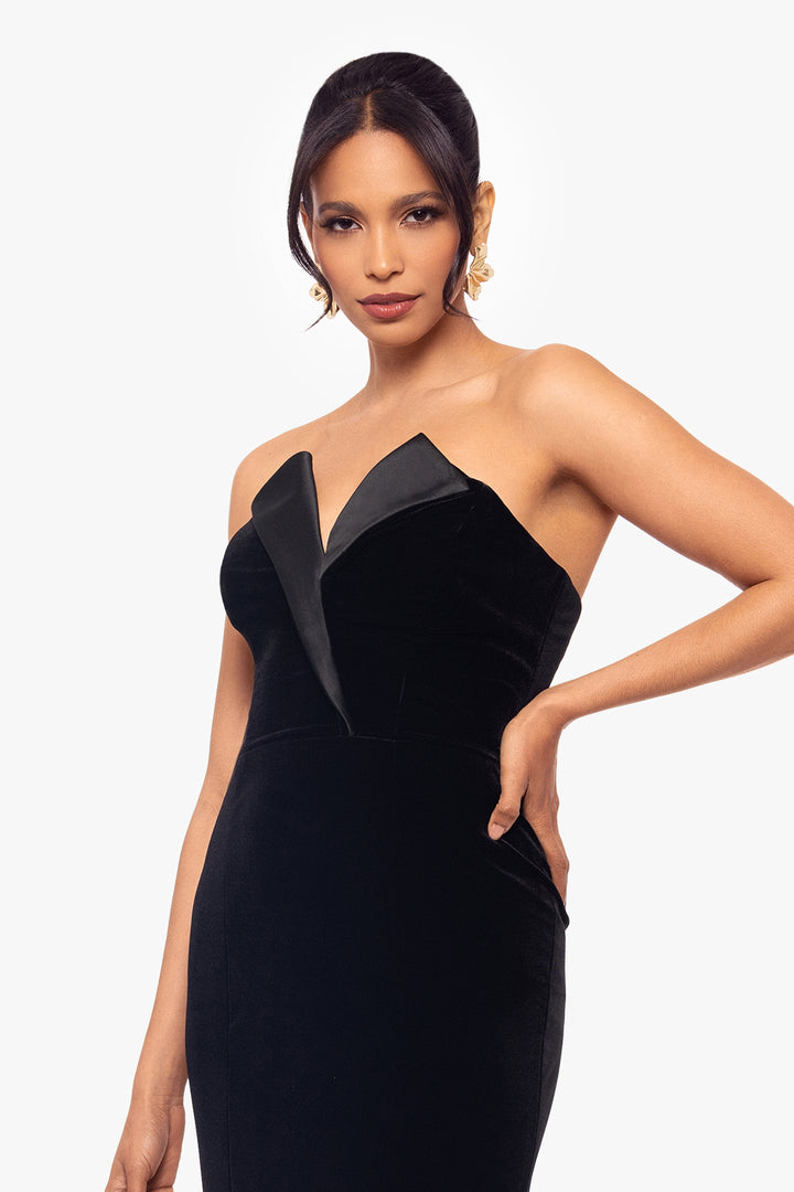 "Liliana" Long Velvet Strapless Tuxedo Dress