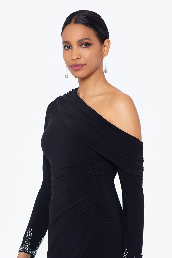 "Chrishell" Long Jersey Knit Off the Shoulder Overlay with Beaded Sleeves