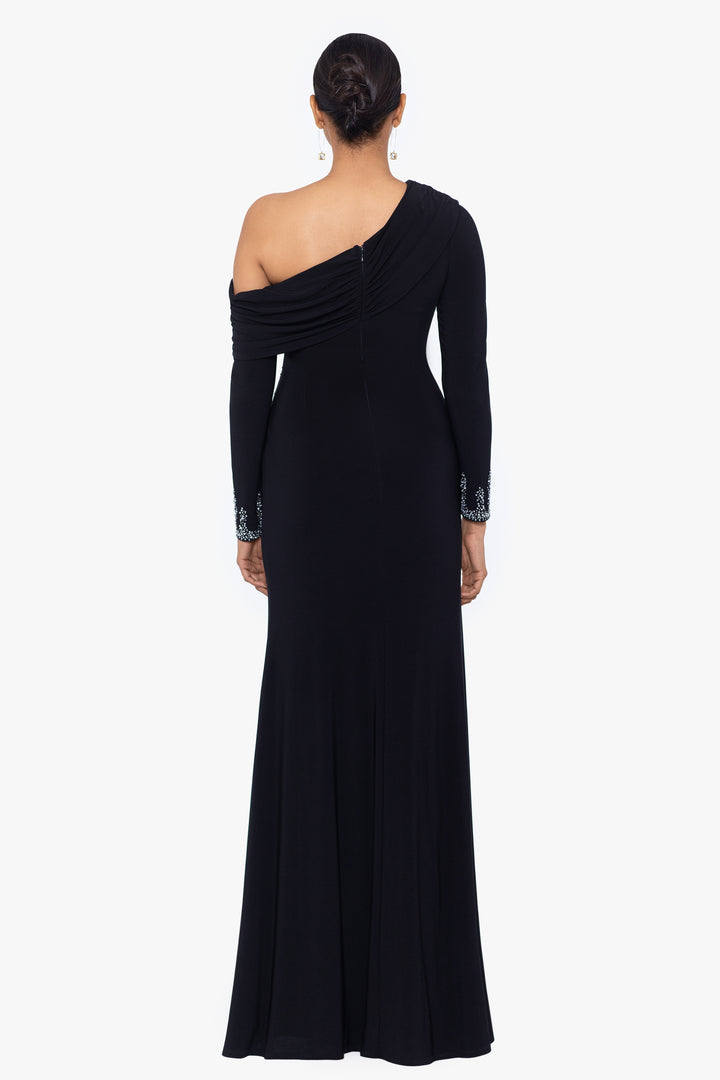 "Chrishell" Long Jersey Knit Off the Shoulder Overlay with Beaded Sleeves