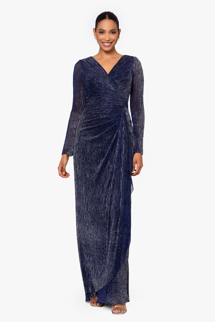 Petite "Lana" Long Galaxy Pleated Long Sleeve V-Neck Dress