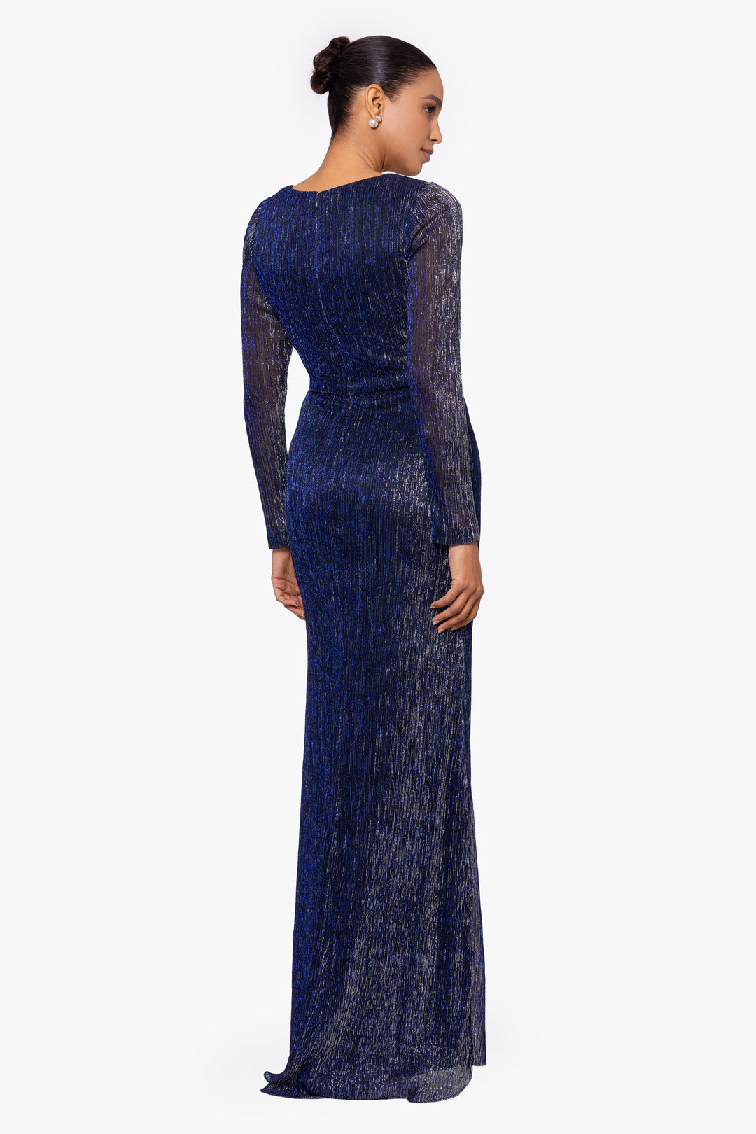 Petite "Lana" Long Galaxy Pleated Long Sleeve V-Neck Dress