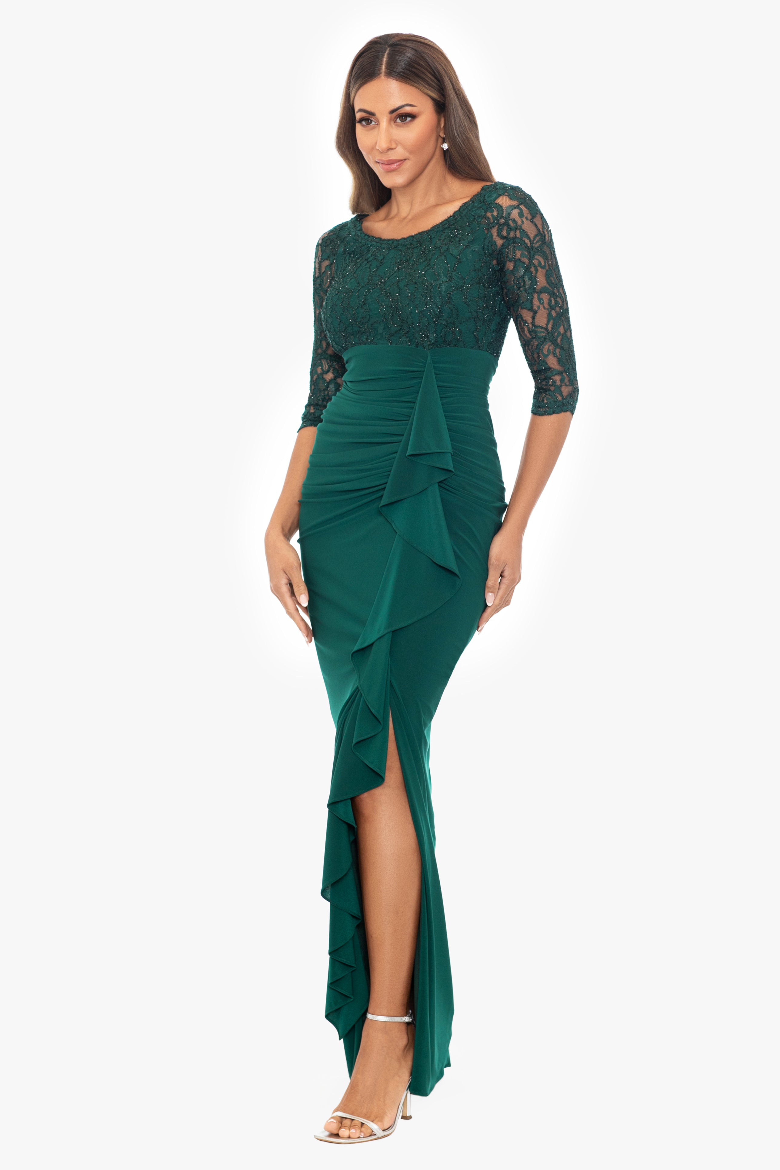 "Irina" Lace and Jersey Knit 3/4 Sleeve Floor Length Dress